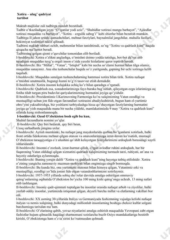 i bilan boshqa bayram va an’analarimizdan farq qiladi. u odamlardan faqatgina o’tgan ajdodlarni eslash emas, vatan uchun kurashda haloq bo’lgan, xalq farovonligi va mamlakat taraqqiyotiga o’z hissasini qo’shgan kishilarning xotirasini yod olish hamdir. hozirgi vaqtda yurtimizda “xotira va qadrlash kuni”ni nishonlash borasida talaygina ibratli ishlar qilinmoqda. “xotira va qadrlash kuni” ajdod-avlodlarni bir-biri bilan bog’lash, yurtdoshlarimizda mehr-shavqat, muruvvat, o’zligini anglash, hayotning qadriga yetish hissini kamol toptirishda muhim ahamiyat kasb etaveradi. ajdodlarimiz xotirasini e’zozlash borasidagi ana shunday olijanob ishlarga prezidentimiz islom karimov rahbarligida toshkent shahri markazida barpo qilingan “motamsaro ona” haykali “shahidlar maydoni” yaqqol misol bo’la oladi. mustaqillikka qadar barcha viloyat va tuman markazlarida “noma’lum soldat qabri” degan sun’iy nom ostidagi monumentlar barpo qilingan, odamlar shu joylarga o’zlari bilib-bilmay sig’inishar edi. holbuki, yurtboshimiz ta’kidlaganidek, urushga ketgan birorta odamning noma’lum bo’lishi, uning ismi sharifi, u to’g’risidagi xotiralar yo’qolib ketishi aslida mumkin emas. qolaversa, mustaqillik yillari olib borilgan jiddiy izlanishlar tufayli avval “bedarak yo’qolgan” …