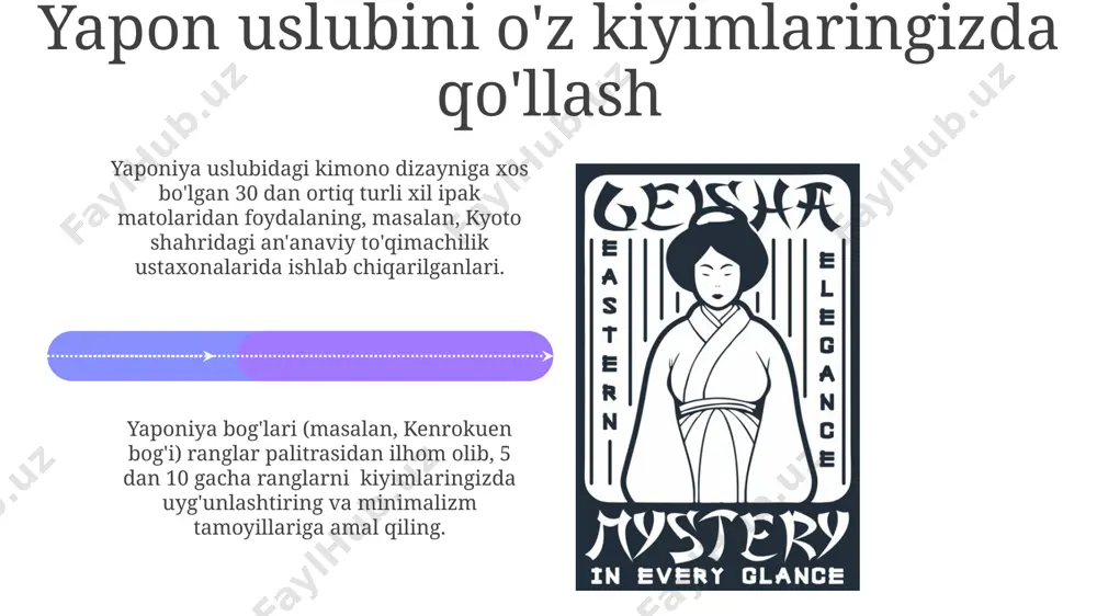 imlarga noyob yoqimli jilvani beradi. savol-javob 2023 йилдаги тадқиқотлар кўрсатишича, ёкоҳамадаги ёшлар орасида 50% дан ортиқ қисми анъанавий япон услубидаги кийимларни замонавий элементлар билан уйғунлаштиришни афзал кўради. кейинги 10 йил ичида киото шаҳридаги анъанавий кимоно ишлаб чиқарувчиларининг 35% дан ортиғи ипак ишлаб чиқаришда янги технологияларни, хусусан рақамли босмани қўллаган. tabiiy materiallar va ranglar palitrasi япониялик дизайнерларнинг ранглар палитрасида табиатнинг ҳар хил соялари, хусусан, 30 дан ортиқ турли хил яшил ва кўк рангларнинг мавжудлиги, бу ернинг ўзига хос манзараларидан илҳом олинганлигини кўрсатади. япониянинг кийимларида 15-17-асрлардаги кенг тарқалган ипак, зиғир ва пахта каби табиий материаллардан кенг фойдаланиш, айниқса, киото ва нара шаҳарларидаги усталар томонидан амалга оширилган. yapon uslubidagi aksessuarlar yaponiya uslubidagi aksessuarlar orasida 17-asr edo davridan boshlab keng tarqalgan, turli xil rangdagi va naqshlardagi obi kamarlar alohida o'rin tutadi, ular kimono bilan birga 20 dan ortiq turdagi tugunlar bilan bog'lanishi mumkin. kyoto shahridagi hunarmandlar tomonidan qo'lda ishlangan, tabiiy materiallardan, masalan, bambuk va …