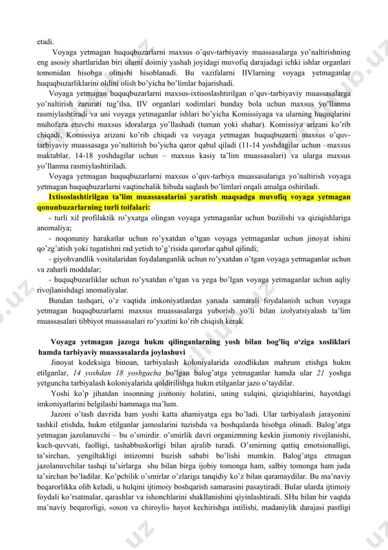 va madaniyati yuqori darajali ish bilan, texnologiyalar bilan ta’minlash juda muhim ahamiyatga ega bo’ladi. bajargan ishlariga haq to’lashni ta’minlashga erishish zarur, bu o’smirlarning o’z mehnatlari natijasiga qiziqishlarini oshiradi. jinoyatchilarni tuzatish jarayonini ta’minlovchi asosiy vositalarga umumta’lim o’qitish kiradi. umumta’lim o’qitish balog’atga yetmaganlarga ta’sir ko’rsatish vositasi sifatida alohida rol o’ynaydi. chunki tarbiyalash koloniyasida tashkilotning asosiy tuzilish elementi va amalda koloniyada olib boriladigan tarbiyaviy ishlarning markazi hisoblanuvchi umumta’lim maktabida hamma hukm etilganlar bilim oladilar. koloniyaga kelganlarida hamma hukm etilganlar umumta’lim maktabining kerakli sinflariga taqsimlanadilar, otryadlar bo’yicha taqsimlash ularning bilim darajalaridan kelib chiqib «bo’lim-sinf» printsipi asosida amalga oshiriladi. ishlab chiqarishda ishlash yoki kasb-hunar kollejida o’qitish faqatgina maktabdan bo’sh vaqtida amalga oshirilishi mumkin. koloniyada tarbiyalash jarayonida maktab o’qituvchilarining, otryadlar tarbiyachilari va kasb-hunar kolleji o’qituvchilari, ishlab chiqarish murabbiylarining aniq o’zaro aloqalari juda muhimdir. koloniyada eng keng tarqalgan tarbiyaviy ishlar usullari suhbatlar, lektsiya, munozaralar, qiziqarli insonlar bilan uchrashuvlar hisoblanadi. oxirgi paytlarda halol hayot kechirayotgan koloniyaning sobiq tarbiyalanuvchilari …