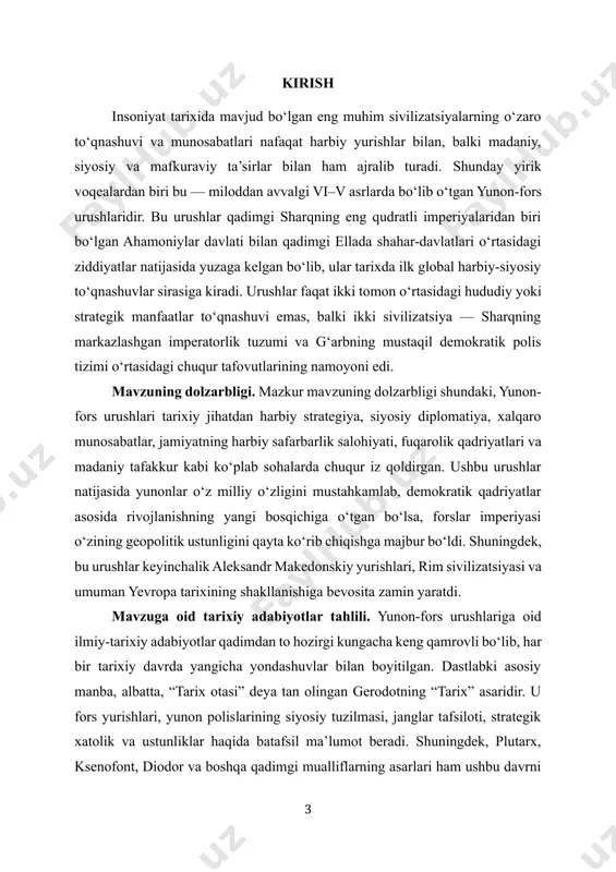 on-fors urushlaridir. bu urushlar qadimgi sharqning eng qudratli imperiyalaridan biri bo‘lgan ahamoniylar davlati bilan qadimgi ellada shahar-davlatlari o‘rtasidagi ziddiyatlar natijasida yuzaga kelgan bo‘lib, ular tarixda ilk global harbiy-siyosiy to‘qnashuvlar sirasiga kiradi. urushlar faqat ikki tomon o‘rtasidagi hududiy yoki strategik manfaatlar to‘qnashuvi emas, balki ikki sivilizatsiya — sharqning markazlashgan imperatorlik tuzumi va g‘arbning mustaqil demokratik polis tizimi o‘rtasidagi chuqur tafovutlarining namoyoni edi. mavzuning dolzarbligi. mazkur mavzuning dolzarbligi shundaki, yunon-fors urushlari tarixiy jihatdan harbiy strategiya, siyosiy diplomatiya, xalqaro munosabatlar, jamiyatning harbiy safarbarlik salohiyati, fuqarolik qadriyatlari va madaniy tafakkur kabi ko‘plab sohalarda chuqur iz qoldirgan. ushbu urushlar natijasida yunonlar o‘z milliy o‘zligini mustahkamlab, demokratik qadriyatlar asosida rivojlanishning yangi bosqichiga o‘tgan bo‘lsa, forslar imperiyasi o‘zining geopolitik ustunligini qayta ko‘rib chiqishga majbur bo‘ldi. shuningdek, bu urushlar keyinchalik aleksandr makedonskiy yurishlari, rim sivilizatsiyasi va umuman yevropa tarixining shakllanishiga bevosita zamin yaratdi. mavzuga oid tarixiy adabiyotlar tahlili. yunon-fors urushlariga oid ilmiy-tarixiy adabiyotlar qadimdan to hozirgi kungacha keng …