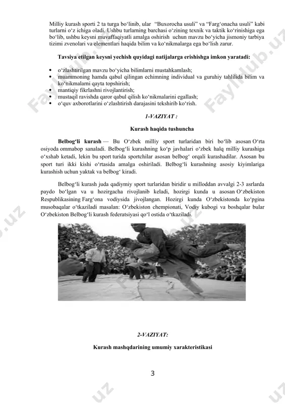 rt turlaridan biri boʻlib asosan oʻrta osiyoda ommabop sanaladi. belbogʻli kurashning koʻp javhalari oʻzbek halq milliy kurashiga oʻxshab ketadi, lekin bu sport turida sportchilar asosan belbogʻ orqali kurashadilar. asosan bu sport turi ikki kishi oʻrtasida amalga oshiriladi. belbogʻli kurashning asosiy kiyimlariga kurashish uchun yaktak va belbogʻ kiradi. belbogʻli kurash juda qadiymiy sport turlaridan biridir u milloddan avvalgi 2-3 asrlarda paydo boʻlgan va u hozirgacha rivojlanib keladi, hozirgi kunda u asosan oʻzbekiston respublikasining fargʻona vodiysida jivojlangan. hozirgi kunda oʻzbekistonda koʻpgina musobaqalar oʻtkaziladi masalan: oʻzbekiston chempionati, vodiy kubogi va boshqalar bular oʻzbekiston belbogʻli kurash federatsiyasi qoʻl ostida oʻtkaziladi. 2-vaziyat: kurash mashqdarining umumiy xarakteristikasi umumman olganda o‘zbek milliy kurashi mazmun va mohiyat jihatdan hayotda (sport harakatida) o‘z o‘rni hamda mavqeyiga ega bo‘ldi. bu jihatlar sobiq ittifoq (sssr) davrida ozmi-ko‘ pmi faqat mahalliy aholi orasidagina emas, balki sport kurashi bilan aloqador bo‘lgan mutaxassislar, yosh sportchi va havaskorlar orasida ham o‘z ifodasiga ega bo‘ldi. o‘zbekiston …