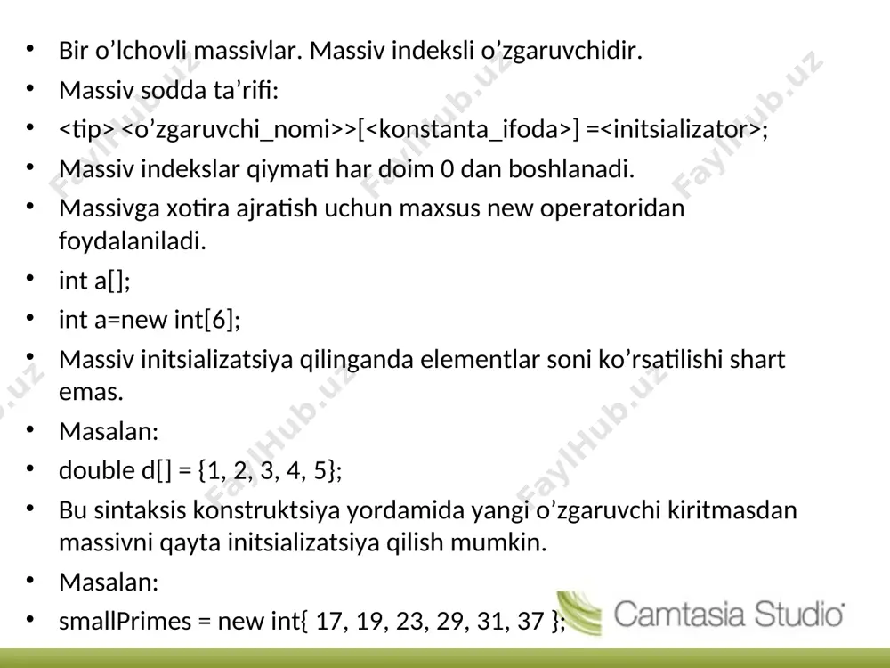 lum obyekt asosida boshqa obyektni yaratish jarayoniga aytiladi. bir klassning boshqa klassdan meros olishi yordamida amalga oshiriladi. meros olingan obyekt ota obyektdagi xususiyatlarni tanlovga ko'ra meros oladi. masalan, avtoulov bu ota obyekt. bu obyekt yordamida yengil mashina, yuk mashinasi, poyga mashinasi kabi boshqa obyektlarni yaratib olishimiz mumkin. ota klassda bo'lgan 4 g'ildirak farzand klasslarda ham mavjud bo'ladi. ya'ni poyga mashinasi, avtoulovdan g'ildiraklarni meros oladi. mavhumlik – abtraksiya (abstraction) obyekt bu real jism. abstraksiya esa ushbu jismni reallikdan uzoq deb tassavur qilib, u haqida fikr yuritishga aytiladi. abstraksiyaga fikrlar to'plami sifatida ham qarasa bo'ladi. misol uchun telefon jiringlasa, telefonga qo'ng'iroq bo'layotganini bilamiz lekin uning ichida nima jarayon bo'layotganini bilmaymiz. enkapsulyatsiya (encapsulation) ma'lumotlar va funksiyalarni bir komponent ichiga yig'ishga aytiladi. buning uchun klasslardan foydalaniladi. enkapsulatsiya tanlov asosida klassning ba'zi xususiyatlarini foydalanuvchidan yashirish imkonini beradi. bunga misol qilib, ustidan maxsus modda bilan o'ralgan dorilarni keltirsak bo'ladi. e’tiboringiz uchun raxmat!