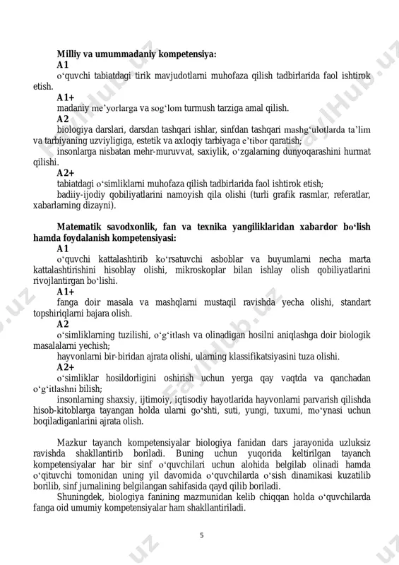 tarbiyaning uzviyligiga, estetik va axloqiy tarbiyaga e’tibor qaratish; insonlarga nisbatan mehr-muruvvat, saxiylik, o‘zgalarning dunyoqarashini hurmat qilishi. a2+ tabiatdagi o‘simliklarni muhofaza qilish tadbirlarida faol ishtirok etish; badiiy-ijodiy qobiliyatlarini namoyish qila olishi (turli grafik rasmlar, referatlar, xabarlarning dizayni). matematik savodxonlik, fan va texnika yangiliklaridan xabardor bo‘lish hamda foydalanish kompetensiyasi: a1 o‘quvchi kattalashtirib ko‘rsatuvchi asboblar va buyumlarni necha marta kattalashtirishini hisoblay olishi, mikroskoplar bilan ishlay olish qobiliyatlarini rivojlantirgan bo‘lishi. a1+ fanga doir masala va mashqlarni mustaqil ravishda yecha olishi, standart topshiriqlarni bajara olish. a2 o‘simliklarning tuzilishi, o‘g‘itlash va olinadigan hosilni aniqlashga doir biologik masalalarni yechish; hayvonlarni bir-biridan ajrata olishi, ularning klassifikatsiyasini tuza olishi. a2+ o‘simliklar hosildorligini oshirish uchun yerga qay vaqtda va qanchadan o‘g‘itlashni bilish; insonlarning shaxsiy, ijtimoiy, iqtisodiy hayotlarida hayvonlarni parvarish qilishda hisob-kitoblarga tayangan holda ularni go‘shti, suti, yungi, tuxumi, mo‘ynasi uchun boqiladiganlarini ajrata olish. mazkur tayanch kompetensiyalar biologiya fanidan dars jarayonida uzluksiz ravishda shakllantirib boriladi. buning uchun yuqorida keltirilgan tayanch kompetensiyalar …