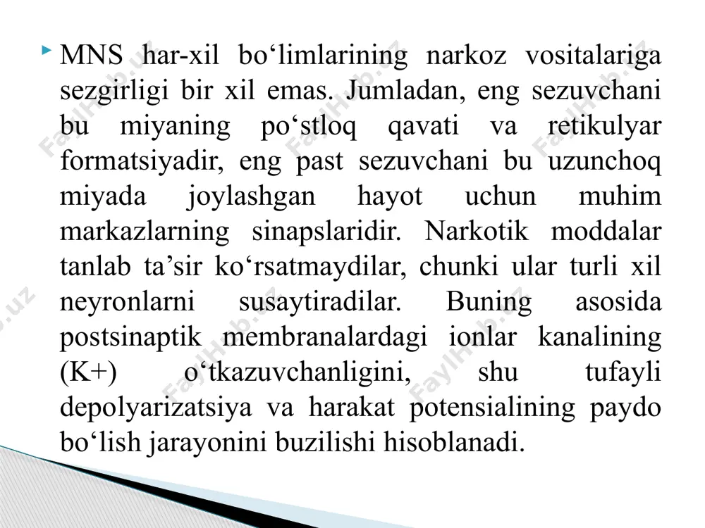 i yana bir necha soat tiklanmaydi. uning tiklanishi falajlanish tartibiga teskari bo‘lib, eng oxiri og‘riq sezish asliga qaytadi. analgeziya uzoq vaqt saqlanadi. narkozdan keyingi davrda bronxopnevmoniya, qayt qilish yuzaga kelishi mumkin. odatda bu davrda bemorlar uzoq vaqt uxlaydilar (narkozdan keyingi uyqu). 4. agonal bosqich narkotik moddaning organizmda katta miqdorda yig‘ilganligidan va shu tufayli nafas va qon aylanish markazlarining falajlanganligidan kelib chiqadi. qon bosimi pasayadi, qorachiq kengayadi, asfiksiya, nafas olish va yurak urishi to‘xtaydi. efir ta’sirida qonda adrenalin miqdori oshadi, atsidoz rivojlanadi (keton tanachalari oshadi). buyrak faoliyati susayadi. efir mahalliy qitiqlash xususiyatiga ega. oson alangalanadi. havo bilan aralashmasi portlaydi. demak efirning yaxshi va noxush xususiyatlari bor. ftorotan - tarkibida ftor atomi bo‘lgan alifatik birikma bo‘lib, narkotik ta’siri efirnikidan 3-4 marta kuchli, narkotik kengligi efirnikiday. narkoz 3-5 daqiqadan keyin boshlanadi. qo‘zg‘alish bosqichi qisqa bo‘lib, nutq va harakatning ortishi sust bo‘ladi. ftorotan miqdori 4 hajm % bo‘lgan aralashmadan nafas olinganda narkoz tez rivojlanadi …