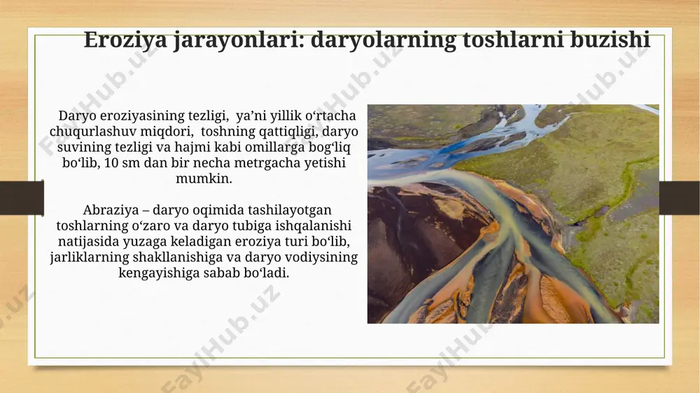 jlanishi jarayonida daryo oʻzani 1000 yildan ortiq vaqt davomida 10-20 metr chuqurlikda va 50-100 metr kenglikda kengayishi mumkin, bu esa eroziya va choʻkindi jinslar toʻplanishiga bogʻliq. daryo toshqinlari va ularning geologik ahamiyati daryo toshqinlari yillik oʻrtacha 10-20 sm gacha boʻlgan allüvial qatlam hosil qiladi, bu esa vaqt oʻtishi bilan katta tekisliklar va delta hosil boʻlishiga olib keladi. toshqinlar paytida oqim tezligi 5 m/s dan oshib ketishi mumkin, bu esa yirik tosh va toshlarning koʻchishiga, daryo oʻzanining kengayishiga va eroziya jarayonlarining kuchayishiga olib keladi. daryolarning geologik faoliyati haqida umumiy ma'lumot daryolar, oʻzining eroziya faoliyati natijasida yiliga oʻrtacha 1000 kubometrdan ortiq jinslarni tashiydi, bu jarayon landshaftni shakllantirishda muhim rol oʻynaydi. daryo deltasi hosil boʻlish jarayoni 1000 yildan ortiq davom etishi mumkin va 100 kvadrat kilometrdan ortiq maydonni egallaydigan katta sedimentatsiya zonalarini hosil qiladi. e'tiboringiz uchun rahmat @taqdimot_robot image7.jpg image8.jpg image9.jpg image10.jpg image11.jpg image12.jpg image13.jpg image14.jpg image15.jpg image16.jpg image17.jpg image18.jpg image3.png image4.png