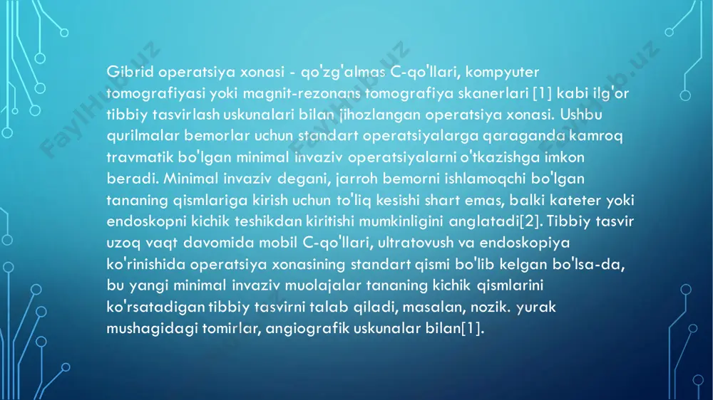 iya xonasi an'anaviy jarrohlik usullari bilan solishtirganda sezilarli foyda ko'rsatdi[7][8]. transpedikulyar osteosintezda navigatsiya tizimidan foydalanish natija sifatini yanada yaxshilashi mumkin. laparoskopik jarrohlik tahrirlash minimal invaziv jarrohlikning boshqa ilovalarida bo'lgani kabi, laparoskopik jarrohlikning yangi texnologiyasi dastlab jarrohlik hamjamiyati tomonidan jiddiy qabul qilinmagan. bugungi kunda bu ko'plab jarrohlik holatlarida oltin standart hisoblanadi. oddiy operatsiyalardan boshlab, appendiksni olib tashlash, buyrak va jigarning bir qismini olib tashlash operatsiyalari va hokazo. laparoskopik jarrohlik yordamida ko'proq jarrohlik operatsiyalari amalga oshirilmoqda. tibbiy tasvirdagi tasvirlarning sifati, to'g'ridan-to'g'ri operatsiya xonasida tasvirlarni olish qobiliyati va jarrohlik paytida jarrohlik asboblarini to'g'ri yo'naltirish qobiliyati ushbu yondashuvni qo'llashga turtki bo'lmoqda [17]. buyrakning bir qismini olib tashlash, iloji boricha sog'lom to'qimalarni qoldirish va buyrak funktsiyasini saqlab qolish o'tmishda tasvirlangan[18]. laparoskopik operatsiyalar paytida jarrohlar tabiiy 3 o'lchovli ko'rish va taktil sezgilarni yo'qotishdan kelib chiqadigan qiyinchiliklarga duch kelishadi. laparoskopiya kichik teshiklar orqali organlarga kirishni o'z ichiga olganligi sababli, jarrohlar endoskopiya tomonidan taqdim etilgan tasvirlarga tayanishi kerak. …