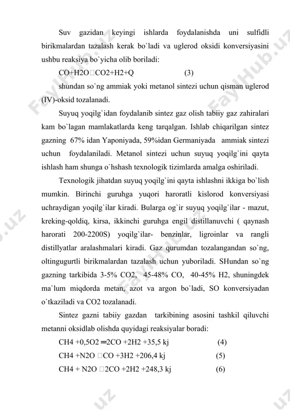 karbonatli, kislorod va havoli katalitik konversiyalash orqali hosil qilish mumkin. quyidagi rasmda zamonaviy qurilmalarda tabiiy gazdan sintez gaz olishning texnologik bosqichlari o`rtasidagi aloqa keltirilgan: ammiak va metanol sintezining funsianal sxemasi tabiiy gaz qazib olingan vaqtda uning tarkibida ko`pgina miqdorda noorganikva organikoltingugurtli birikmalar bo`ladi. noorganikbirikmalardan tabiiy gaz tarkibida faqat vodorod sulfid bo`ladi. organikoltingugurtli birikmalar tabiiy gaz tarkibida turli – tuman bo`ladi. bular: uglerodoksisulfid cos, karbosulfid cs2, tiofen c4h4s, sulfidlar r2s, disulfidlar r2s2, merkaptanlar rhs (metilmerkaptan ch3sh, etilmerkaptan c2h5sh, og`ir merkaptanlar, masalan,c6h5sh). o`tqazilgan ko`pgina tadqiqotlar asosida aniqlanishicha moleqo`lyar massa qancha katta bo`lsa, uni gaz tarkibidan tozalash shuncha qiyin kechadi. eng qiyin tozalaniladigan oltingugurtli organikmodda - tiofen ekan. shuningdek sulfidlar va merkaptanlar ham qiyin tozalaniladi. kislorod va oltingugurt moddalarining izlari juda kam miqdori bo`lganda ham zararli bo`lib, katalizatorni zaharlaydi. shuning uchun bu gazdarni ayni aralashmalardan tozalash - eng qiyin vazifalardan hisoblanadi. tozalashdan oldin oltingugurtli birikmalar vodorod sulfidgacha gidratlanadi va hosil bo`lgan vodorod sulfid …