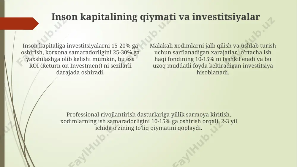 rol o‘ynaydi, bu esa motivatsiyani 20% ga oshirishi mumkin. samaralilikni oshirish uchun kpi (kalit ko‘rsatkichlar) ga asoslangan xodimlarni baholash va rag‘batlantirish tizimi samarali bo‘lib, bu kompaniya maqsadlariga erishishga yordam beradi va xodimlarni o‘z ishlariga yanada mas’ul munosabatda bo‘lishlariga turtki beradi. kelajakdagi inson resurslari boshqaruvi trendlari hodimlarni rivojlantirishga investitsiyalar 20% ga o'sib, boshqaruv va rahbarlik ko'nikmalarini oshirishga qaratilgan treninglarga talab ortadi. kelajakdagi hr boshqaruvda sun'iy intellektning qo'llanilishi 30% ga o'sishi va ish jarayonlarini avtomatlashtirish orqali samaradorlikni oshirish kutilmoqda. gig-iqtisodiyotning o'sishi bilan hr menejmentining masofaviy ish va mustaqil pudratchilar bilan ishlashga moslashishi va ularni boshqarish usullarini takomillashtirish zarur. inson resurslarini boshqarishning asosiy funksiyalari xodimlarni baholash va rag'batlantirish tizimining samarali qo'llanilishi, ya'ni, individual yondashuv va aniq ko'rsatkichlarni o'rnatish orqali, xodimlarni ushlab turish darajasini 15% ga oshirishi mumkin. ishga qabul qilish jarayonini optimallashtirish, masalan, 3 bosqichli suhbat va psixologik testlardan foydalanish orqali, yaroqsiz nomzodlarni 40% ga kamaytirishga yordam beradi. inson resurslarini boshqarishning asosiy funksiyalaridan …