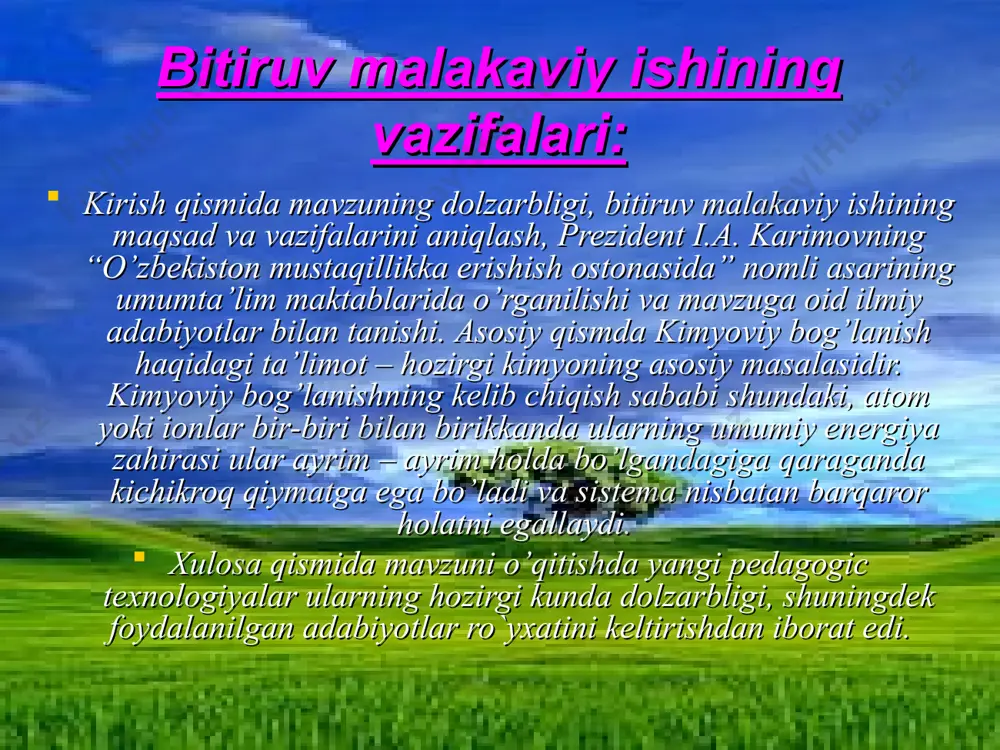 ”, “atamalar zanjiri”, “rolli”, tezkor o’yinlar va o’yin mashqlarining turli shakllaridan foydalanish tavsiya etiladi. 2.1. kimyoviy bog’lanishlar. kovalent bog’lanishning to’yinuvchanligi va yo’naluvchanlgi kimyoviy bog’lanish deganda, biz atomlararo ta’sir etuvchi va ularni birgalikda ushlab turuvchi kuchlarni tushunamiz. atomlarning o’zaro ta'siri natijasida kimyoviy bog’lanish vujudga kelib, barqaror ko’p atomli sistemalar, molekulyar ion, kristallar hosil bo’lishi mumkin. kimyoviy bog’lanish qanchalik mustahkam bo’lsa, uni uzish uchun shunchalik ko’p energiya sarf bo’ladi. kimyoviy bog’lanish hosil bo’lishda hamma vaqt o’zaro ta'sir etuvchi elektron va yadrodan iborat sistemaning potentsial energiyasi kamayadi, ya'ni energiya ajralib chiqadi. shu sababli hosil bo’ladigan molekulalar, kristallarning potentsial energiyasi dastlabki erkin atomlarning energiyasi yig’indisidan doimo kichik bo’ladi. demak, bog’lanish ta'sir etuvchi atomlar sistemasining potentsial energiyasining kamayishi natijasida hosil bo’ladi. kimyoviy bog’lanish molekula yoki kristall hosil bo’lishida ishtirok etuvchi elektronlar va atom yadrolarining elektr maydonlarining o’zaro ta'siri natijasida vujudga keladi. bu o’zaro ta'sirning xarakteri atom tuzilishi va elektronning korpuskulyar-to’lqin xossalari asosida aniqlandi. atom tuzilishining …