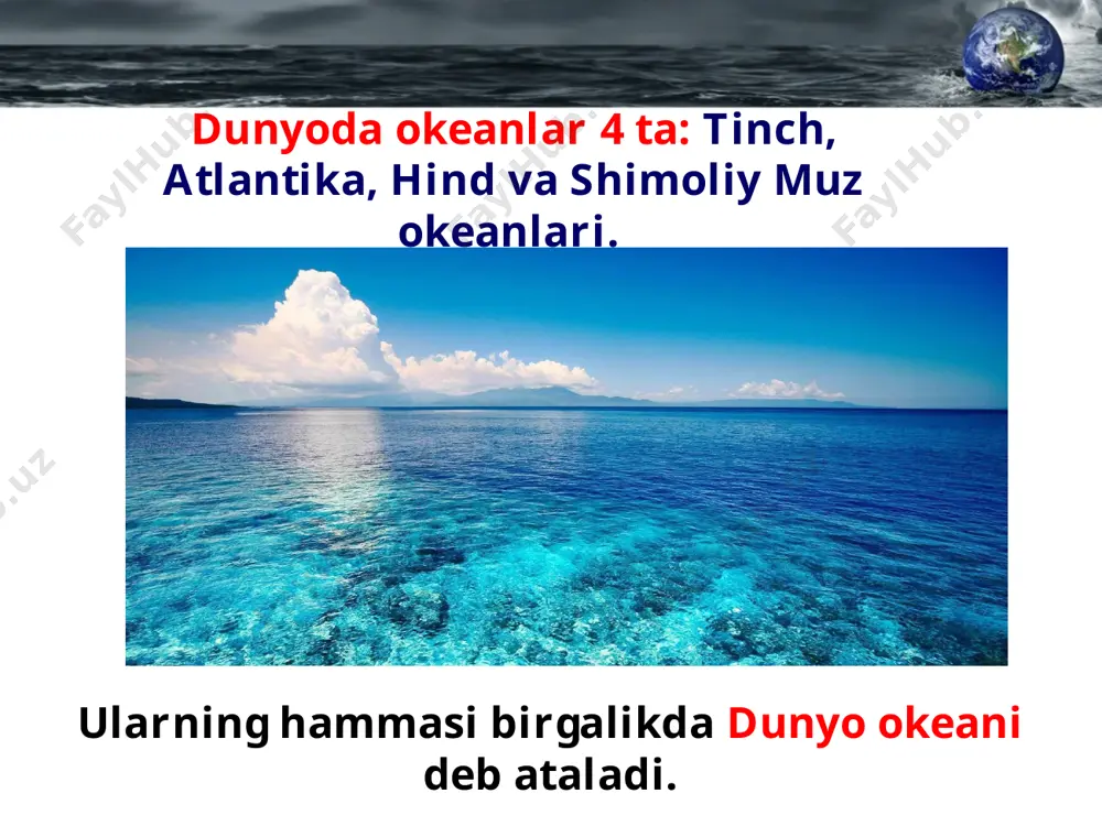 aladigan asbob bilan o‘lchanadi tovush aks sado 42-rasm. a) chuqurlikni exolot yordamida o‘lchash; b) okean va dengizlarning chuqurligi shkalasi. dengiz va okeanlar xaritalarda havorang bilan ko‘rsatiladi. ular qanchalik chuqur bo‘lsa, havorang shunchalik to‘q qilib beriladi va chuqurlik shkalasida necha metr ekani ko‘rsatib qo‘yiladi antarktida muz okeani atlantik okean xind okean savol va topshiriqlar: 1. dunyo okeani qaysi okeanlardan tashkil topgan? 2. yevrosiyodagi ichki va chekka dengizlar nomini ayting. 3. materik sayozligi deb okeanlarning qaysi qismlariga aytiladi? 4. qo‘ltiq deb nimaga aytiladi? misollar keltiring. image2.jpeg image3.jpg image4.jpeg image5.jpeg image6.jpg image7.jpeg image8.jpg image9.png image10.jpeg image11.jpeg image12.jpeg image13.emf image14.emf image15.gif image1.jpeg