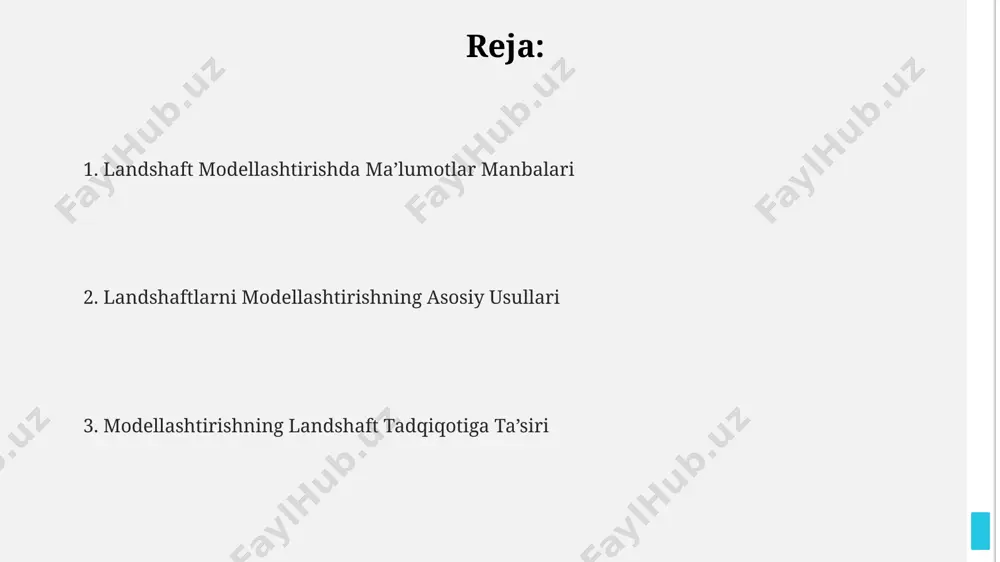 tkalarining batafsil tahlili uchun muhimdir. rey yordamida toshkent shahri atrofidagi 3d modellashtirish orqali 200 dan ortiq turli xil ob’ektlarni, jumladan, binolar, yo‘llar va daraxtlarni aniqlash va tasvirlash mumkin. geostatistika va landshaft xarakteristikalarini bashorat qilish geostatistika yordamida oʻzbekistonning fargʻona vodiysidagi 1000 km² maydon uchun tuproq unumdorligini bashorat qilishda kriging usuli 5% xatolik bilan aniq natijalar beradi. samarqand viloyatining 20 ta turli nuqtasidan olingan ma’lumotlar asosida landshaftning oʻzgaruvchanligini tahlil qilishda variogramma funksiyasi muhim rol oʻynaydi va 0.8 korrelyatsiya koeffitsiyentini koʻrsatadi. toshkent yaqinidagi 50 ga yaqin namunalar boʻyicha oʻtkazilgan geostatistika tahlili, landshaftning suv rejimini aniqlashda 3 ta asosiy omilni – tuproq namligi, relyef va oʻsimlik turi – aniqladi. landshaft modellashtirishda masofadan zondlash ma’lumotlaridan foydalanish 2020-2022 yillar oralig'ida amalga oshirilgan tadqiqotlar samarqand viloyatining 500 km² maydonini qamrab olgan holda, yuqori aniqlikdagi dron suratlari yordamida relyef modellashtirishda 10 sm gacha aniqlikka erishildi. landsat-8 sun'iy yo'ldoshi 30 metrli fazoviy o'lchamli ko'p spektrli tasvirlarni taqdim etib, o'zbekistonning …