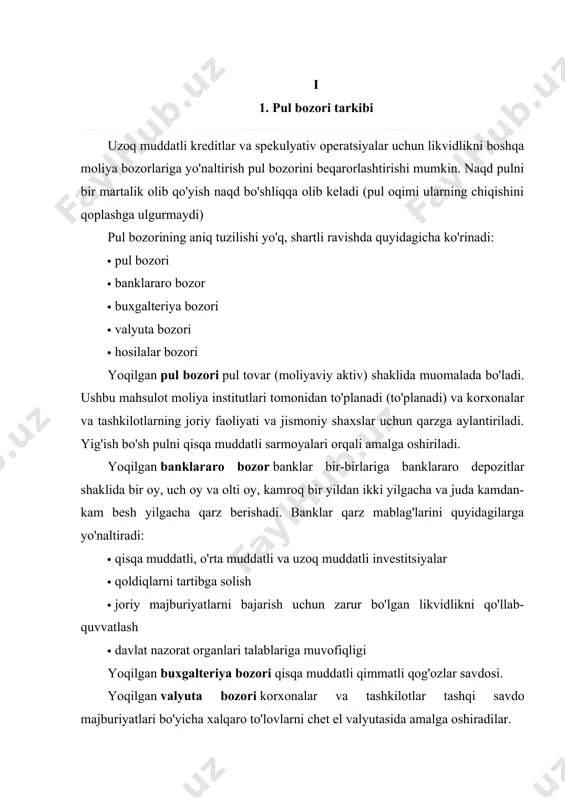 b olish va sotish jarayoni amalga oshiriladi va talab va taklif asosida ushbu mahsulotning shakllanishi sodir bo'ladi. pul bozorining o'ziga xos xususiyati shundaki, undagi tovarlar o'z navbatida to'g'ridan-to'g'ri harakat qiladi va pul bozori elementlarining o'zi o'ziga xos xususiyatlarga ega: talab (), taklif vaqtincha bo'sh pul taklifi shakliga, narx esa shaklga ega. iqtisodiyotda pul bozori tufayli talab va taklifning muvozanati, shuningdek pul narxi sifatida bozorda qiziqishning shakllanishi mavjud. pul bozori sotuvchilardan (pul egalaridan) xaridorlarga (qarz oluvchilarga) pul oqimini ta'minlaydigan o'z infratuzilmasiga ega va bu infratuzilmada banklar asosiy rol o'ynaydi. pul bozoridagi barcha ishtirokchilar o'z faoliyatidan tegishli pul mukofotini olishdan manfaatdor: sotuvchilar foizlar shaklida, xaridorlar qarz mablag'laridan foydalanish natijasida qo'shimcha vositalar shaklida, vositachilar esa foizlar yoki vositachilik xizmatlarini ko'rsatishdan olishlari mumkin. pul bozori ishtirokchilarining uchta asosiy toifalari mavjud: 1. sotuvchilar; 2. xaridorlar; 3. vositachilar. shuni ta'kidlash kerakki, pul bozoridagi ba'zi operatsiyalar vositachilar ishtirokisiz amalga oshirilishi mumkin, ya'ni. xaridorlar va sotuvchilar o'rtasidagi to'g'ridan-to'g'ri …