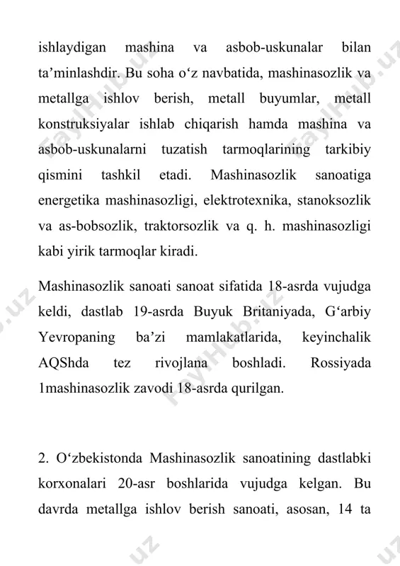 ar, gʻoʻza kultivatorlari, chizelkultivatorlar, oʻgʻit solgichlar, ariq qazgichtekislagichlar, koʻsak terish mashinalari, pluglar, chorvachilik uchun turli mashinalar va boshqa mahsulotlar "chirchiqqishloqmash" aksiyadorlik jamiyatida ishlab chiqariladi. 1959-yildan "toshqishloqmash" aksiyadorlik jamiyati paxta terish mashinalarini ishlab chiqarishga ixtisoslashdi (dastlabki paxta terish mashinasi 1949-yil tayyorlangan). hozirgi davrda korxonada yangi, gorizontal shpindelli xmg-04 va xmg-12 oʻrnatiluvchi paxta terish mashinalari, "oʻzkeysmash" qoʻshma korxonasida "2022 kotton ekspress" ikki qatorli, gorizontal shpindelli oʻziyurar paxta terish mashinalari ishlab chiqariladi. bogʻdorchilik, tokchilik va polizchilikda foydalaniladigan mashina va moslamalar "bogʻdorchilik mashinasozligi zavodi" aksiyadorlik jamiyatida ishlab chiqariladi. 3-d 1969-yil ixtisoslashtirilgan konstruktorlik byurosi tarzida tashkil etilgan, keyinchalik toshkent tajriba eksprimental zavodi bilan "oʻrtaosiyoqishloqmash" birlashmasiga aylantirilgan. "urganchozuqamash" aksiyadorlik jamiyati (1987) osma traktor urok, mashinalari, traktor xaskashlari, sholi oʻrish mashinalari, buxoro ixtisoslashtirilgan tajriba zavodi chorvachilik jmhozlari, gʻoʻzapoya yulgichlar ishlab chiqarishga ixtisoslashgan. 4. respublikada umumiy mashinasozlik, toʻqimachilik sanoati, paxta tozalash sanoati mashinasozligi, asbobsozlik sanoati mashinasozligi va boshqa sanoat korxonalari 1994-yilda tashkil etilgan oʻzbekiston mashinasozligi sanoati uyushmasi ("oʻzmashsanoat"), …