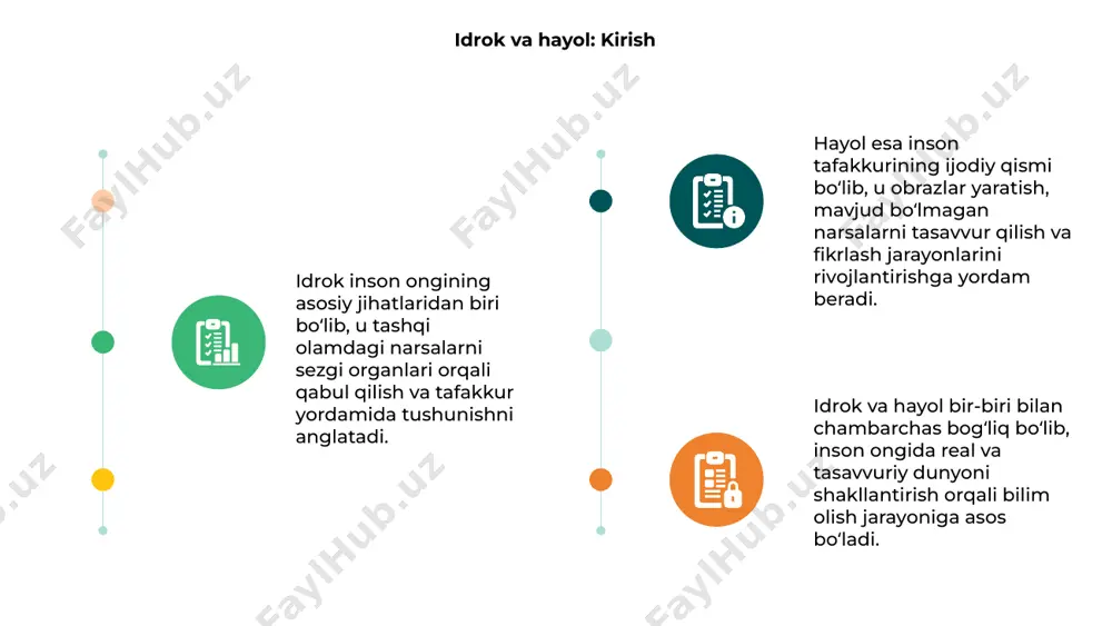 xulosa va yakuniy fikrlar 01 02 03 idrok insonning atrof-muhitni anglash qobiliyatidir. u ong va tajribalar orqali shakllanadi. hayol esa tasavvur va kreativ tafakkur mahsulidir. bu ikki jarayon bir-birini to‘ldiradi. fikrlash jarayonida idrok haqiqatni tushunishga yordam beradi. hayol esa yangi g‘oyalar yaratishda muhim rol o‘ynaydi. ularning uyg‘unligi innovatsiyalar uchun asos bo‘ladi. xulosa sifatida aytish mumkinki, idrok real borliqni aks ettiradi. hayol esa insonga cheksiz imkoniyatlarni ko‘rsatadi. ularning kombinatsiyasi rivojlanish uchun muhimdir. e’tiboringiz uchun rahmat image1.jpg