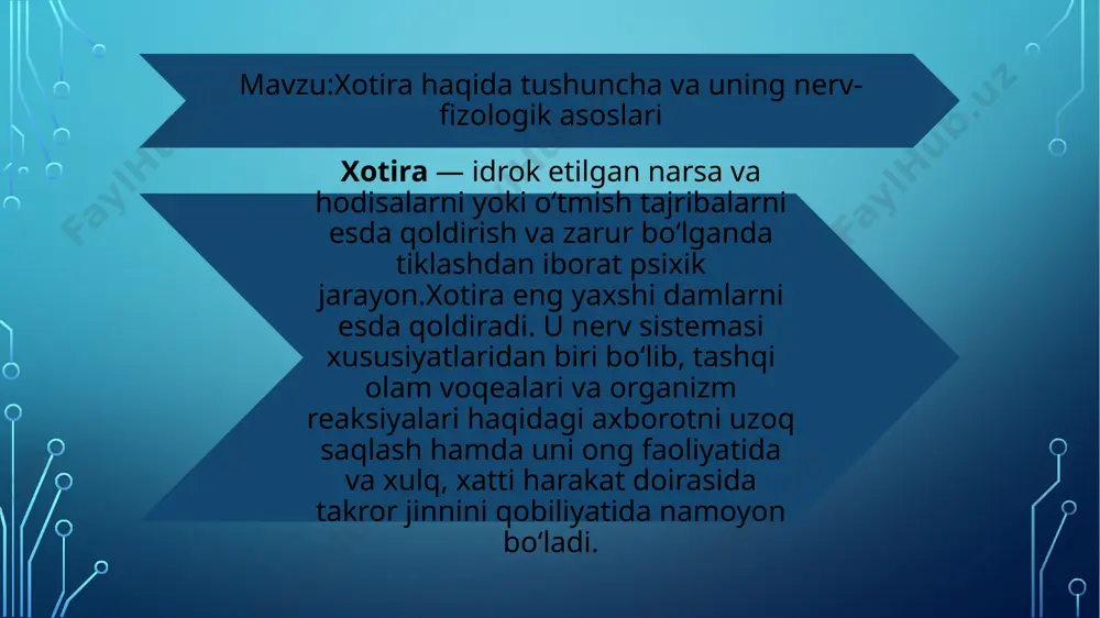 otira bosh miya yarimsharlari chakka va ensa qismlaridagi eshitish va ko'rish markazlarida qoladigan izlar bilan bog‘liq. obrazli xotira obrazli xotira - tasavvurlar,tabiat va undagi hodisalar, shuning bilan birga, tovushlar, hidlar, ta`mlar bilan bog`liq xotiradir. xotiraning bu turi ko`rish, eshitish, tuyish, hid bilish va ta`m xotiralaridan iborat bo`ladi. xotiraning bu turlari turli odamlarda turlicha rivojlangan bo`lib, ko`pchilikda ko`rish va eshitish etakchi rol o`ynaydi. ammo ba`zi kasblarda va ba`zi ko`rish va eshitish qobiliyatini yo`qotgan kishilarda yaxshi rivojlangan bo`ladi. emosional (hissiy) xotira - tuyg`u hissiyotga xos xotiradir. emosional (hissiy) xotira biz boshimizdan kechirgan va xotiramizda saqlab qolgan hissiyotlar yo harakatga undovchi yoki o`tmishda salbiy kechinmalarga ega bo`lgan harakatlardan saqlab qoluvchi signal sifatida nomoyon bo`ladi. o`zga kishiga hamdard bo`lish qobiliyati, kitob qahramoni bilan birga qayg`urish hissiy xotiraga asoslanadi. emotsional (hissiyotli) xotira odamning o‘z boshidan o'tkazgan his-tuyg‘ularini esda saqlab qolishdan iborat. emotsional xotira hamma odamda rivojlangan bo‘ladi. bunday xotira hissiy qo‘zg‘alishda ajralib chiqadigan gormonlar bilan …