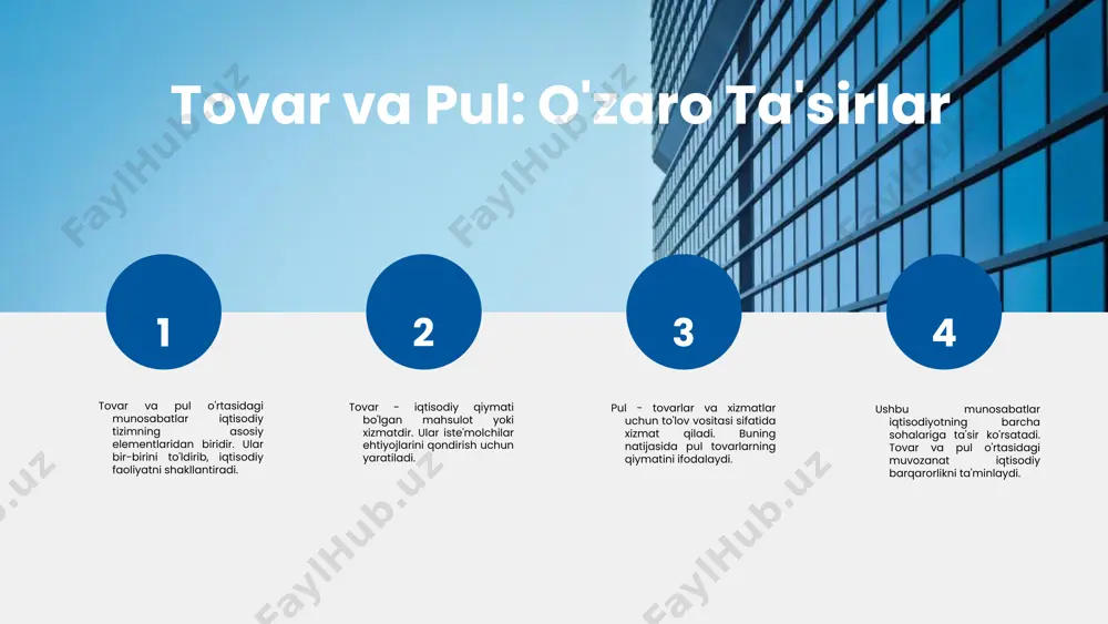 munosabatlarini yanada kuchaytirish va ularni yanada samarali boshqarish uchun strategiyalarni ishlab chiqishga yordam beradi. hozirgi zamonda tovar pul munosabatlari tovar pul munosabatlari iqtisodiy tizimda muhim o'rin tutadi, chunki ular resurslarni taqsimlash va iqtisodiy faoliyatlarni boshqarishda asosiy vosita bo'lib xizmat qiladi. bugungi kunda tovar pul munosabatlari raqamli iqtisodiyot va globalizatsiya ta'sirida tez o'zgarib bormoqda, bu esa yangi imkoniyatlar va qiyinchiliklarni keltirib chiqaradi. tovar pul munosabatlariga ta'sir etuvchi omillar ichida texnologik taraqqiyot, siyosiy barqarorlik, va iste'molchilarning xulq-atvori muhim rol o'ynaydi. ushbu munosabatlar global iqtisodiyotga ijobiy va salbiy ta'sir ko'rsatadi, mamlakatlar o'rtasidagi savdo va investitsiyalarni rivojlantirish bilan birga, iqtisodiy barqarorlikni ham ta'minlaydi. 1 2 3 4 hozirgi zamon tovar pul munosabatlari tendentsiyalari hozirgi zamonda tovar pul munosabatlarida yangi tendentsiyalar paydo bo'lmoqda. raqobat va innovatsiyalar bozorni yangilab, raqamli tovar pul munosabatlari, masalan, elektron tijorat, rivojlanmoqda. ijtimoiy va ekologik ta'sirlar ham muhimdir, chunki iste'molchilar barqaror va ekologik toza mahsulotlarga qiziqishni oshirmoqda. photo by clark van …