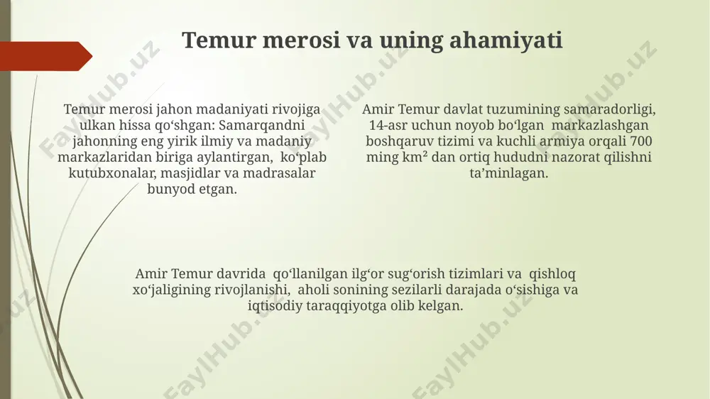 doimiy harbiy to'qnashuvlar zonasini tashkil etgan. amir temur davlatining chegaralari sharqda hindistonning shimoliy viloyatlarigacha, g'arbda anadolu va misrga, shimolda volga daryosi va sibirning bir qismigacha, janubda esa fors qo'ltig'igacha yetib borgan. meʼmorchilik va shaharsozlik temur tomonidan bunyod etilgan registon maydoni, uning ulkan hajmi, muhtasham masjidlari va madrasalari bilan meʼmorchilik sanʼatining yuksak choʻqqisini ifodalaydi. amir temur davrida samarqand shahri 150 mingdan ortiq aholiga ega bo'lib, o'rta asr sharqining yirik shaharlaridan biri hisoblangan va uning meʼmorchiligi jahon miqyosida tan olingan. amir temur davrida qurilgan inshootlarda g'isht, ganch, yog'och va koshin kabi turli xil materiallar ustalarcha qo'llanilib, noyob meʼmorchilik uslubi vujudga kelgan. madaniyat va fan amir temur davlatining keng hududlari bo'ylab kitob nusxalash va tarqatish ishlari yaxshi yo'lga qo'yilgan bo'lib, taxminan 100 mingdan ortiq qo'lyozma asarlar yaratilgan va saqlanib qolgan. temur hukmronligi davrida astronomiya, matematika, tibbiyot kabi fanlarning rivojlanishiga katta e'tibor qaratilgan va ko'plab olimlar, masalan, al-koshi kabi buyuk shaxslarni o'z atrofida to'plagan. …