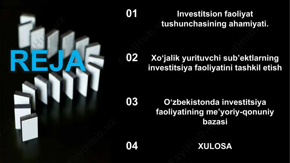 ida foyda olishining maqbul yo‘llarini izlaydi. bu bosqichda investitsiyaviy shartnomani imzolash bilan moddiy yoki nomoddiy ne’matlarga investitsiya maqomi beriladi. investitsiya faoliyatining ikkinchi bosqichi investitsiyalarni realizatsiya qilish bo‘yicha amaliy harakatlarini amalga oshirishdan iborat. bu bosqichning xarakterli tomoni shundan iboratki, bunda investitsiyaviy shartnomalarni amalga oshirish bo‘yicha qator harakatlar amalgam oshiriladi. bunda investitsiyaviy faoliyatning har bir ishtirokchilarining vakolatlari doirasi, shuningdek investitsiyaviy faoliyati subyektlari aniqlanadi. ikkinchi bosqich investitsiyaviy faoliyat obyektini barpo etish bilan yakunlanadi. investitsiyaviy faoliyat subyektlarining o‘zaro munosabatlari shartnoma asosida tashkil etiladi. investitsiyaviy shartnoma yuridik, tarkibiy murakkab shartnoma bo‘lib hisoblanadi. biz ko‘pgina iqtisodchi amaliyotchilarni ilmiy tadqiqotlarda kompaniya investitsion faoliyani rejalashtirish jarayonida investitsion siyosatning muhim o‘rni va roli to‘g‘risidagi qarashlarga aniqlik kiritishga harakat qildik, lekin tadqiqotlar orasida biz aniq bir fikr va to‘xtamga ega bo‘lgan yondashuvni topa olmadik. investitsiya faoliyatida investitsiya sub’ekti, investitsiya ob’ekti, investor, investitsiya resurslari kabi tushunchalar mavjud. investitsiya faoliyatining ishtirokchisi – investitsiyalarning amalga oshirilishini buyurtmalarni bajaruvchi sifatida yoki investorning topshirigʻi asosida …