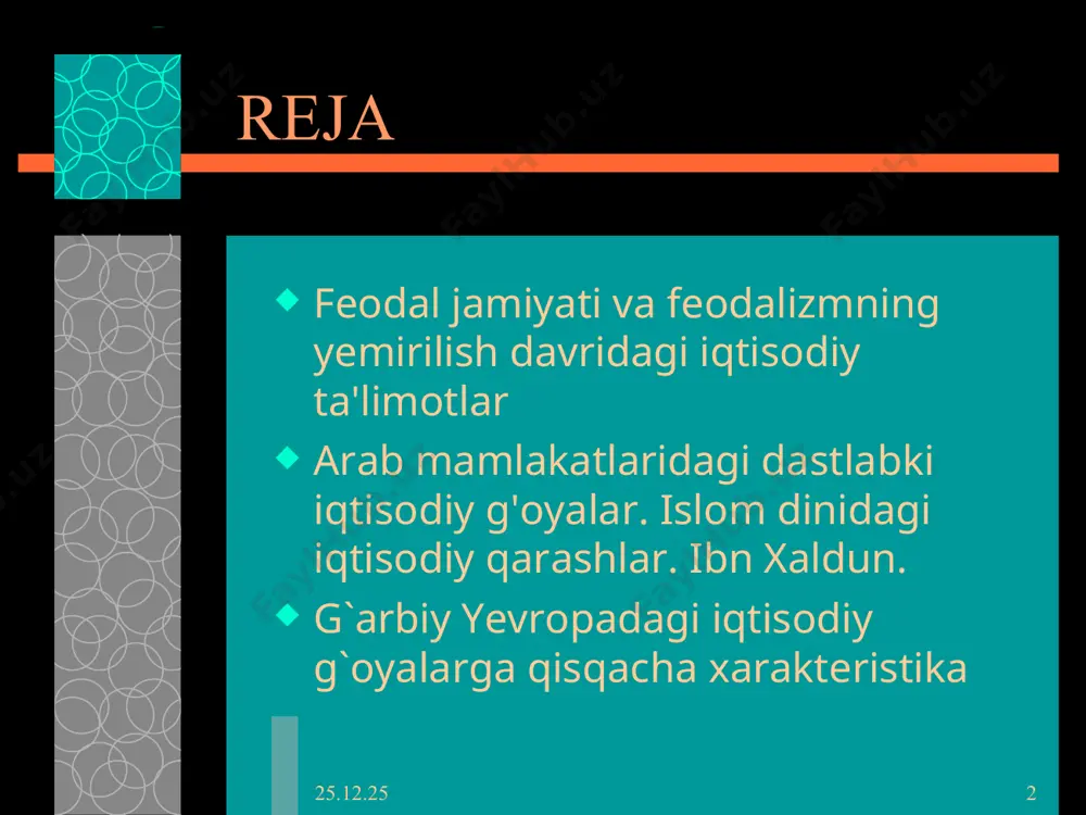 rning qardoshligi bo'lib, arab qabilalari shu bayroq atrofida birlashdi. halol mehnat, dehqon, hunarmandlar mehnati ulug'landi, barcha boylik shu asosda paydo bo'lishi uqtirildi. bu muqaddas kitobda alloh taolo savdoga katta ahamiyat bergan, sudxo'rlikni, ya'ni ribo' (sudxo'rlik foizi) ni harom qilgan, mulkning muqaddasligini, birovning mulkiga xiyonat va hatto hasad qilishni katta gunoh degan. islomda jamiyatning tengsizligi taqdiri azaldan deb tan olinadi, ammo halollik va to'g'rilikka buyuriladi va yolg'on ishlatish, o'g'rilik va mehnatsiz daromad topish man qilinadi. islom huquqshunosligida foyda miqdori 10 foiz qilib belgilangan * * islom aqidasi va hozirgi zamon iqtisodiyoti islom aqidasida isrofgarchilikka qarshi kurash qur'oni karimdagi «englar, ichinglar, hadya qilinglar, ammo isrof qilmanglar» degan oyatlar asosida olib boriladi (bu hozirgi davrda eng aktual masalaga aylangan). «daryo bo'yida tahorat qilsalaringiz ham suvni isrof qilmanglar» kabi qoidalar aynan hozirgi zamon iqtisodiyoti va ekologiyasi uchun nihoyatda ahamiyatli. * * ibn xaldun abdurrahmon abu zayd (1332-1406) sharq iqtisodiy tafakkurining rivojlanishida arab mutafakkiri ibn …