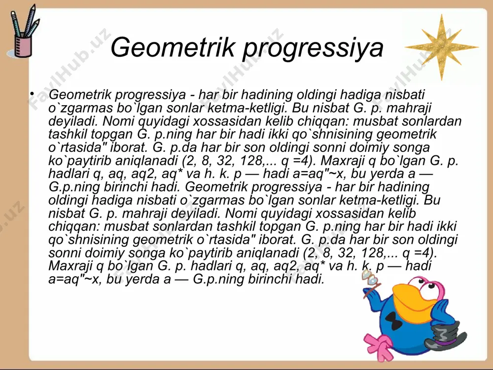 a-ketlikda, ikkinchisidan boshlab, uning har bir hadi avvalgi hadni ayni bir xil songa ko'paytirilganiga teng. bunday ketma-ketliklar geometrik progressiyalar deyiladi. ta`rif agar b1, b2, b3, ..., bn, ... sonli ketma-ketlikda barcha natural n uchun bn+1 = bnq tenglik bajarilsa, bunday ketma-ketlik geometrik progressiya deyiladi, bunda , q - nolga teng bo'lmagan biror son. bu formuladan ekanligi kelib chiqadi. q son geometrik progressiyaning maxraji deyiladi. agar progressiyaning barcha hadlari musbat bo'lsa, u holda bo'ladi, ya'ni geometrik progressiyaning ikkinchisidan boshlab, har bir hadi unga qo'shni bo'lgan ikkita hadning o'rta geometrigiga teng. progressiya degan nom shu bilan izohlanadi. agar b1 va q berilgan bo'lsa, u holda geometrik progressiyaning qolgan hadlarini bn+1 = bnq rekurrent formula bo'yicha hisoblash mumkinligini ta'kidlaymiz. biroq, n katta bo'lganda, bu ko'p mehnat talab qiladi. odatda, n- hadning formulasidan foydalaniladi. geometrik progressiyaning ta'rifiga ko'ra, b2 = b1q, b3 = b2q = b1q2, b4 = b3q = b1q3 va h.k. umuman, …