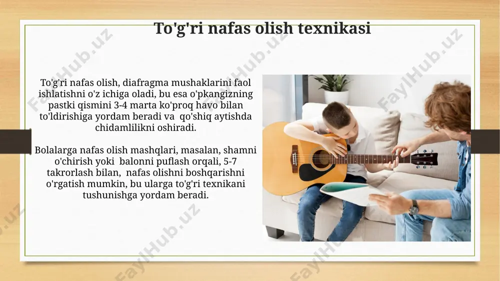 yordam beradi. qo'shiq kuylashdagi muammolar va ularning yechimlari qo'shiq kuylashda nafas olish bilan bog'liq muammolar, masalan, nafas qisishi yoki noto'g'ri diafragma ishlatilishi, 3-5 marta takrorlanadigan nafas olish mashqlari va to'g'ri holatni saqlash orqali hal qilinishi mumkin. baland ovoz chiqarishda qiyinchiliklar, masalan, ovozni boshqarishda zaiflik, 10-15 minutlik ovozli mashqlar va intervalli kuylash texnikasini o'rgatish orqali yaxshilanishi mumkin. o'z-o'zini baholash va ijodiylikni rivojlantirish qo‘shiq kuylash jarayoni bolalarning emotsional intellektini rivojlantiradi, ularning o‘z-o‘zini ifoda etish qobiliyatini 15-25 ballga yaxshilaydi. bolalar qo‘shiq kuylash orqali o‘ziga bo‘lgan ishonchini 20-30% ga oshirishi mumkin, bu esa ijodkorlikka va yangi g‘oyalarni shakllanishiga ijobiy ta’sir ko‘rsatadi. yoshga mos qo'shiqlar tanlash bolalar uchun qo'shiq tanlashda melodiya tezligi va murakkabligi ham muhim; 80-120 urish/daqiqada bo'lgan o'rtacha tempdagi qo'shiqlar tavsiya etiladi. yoshga mos qo'shiqlarni tanlashda 3-7 yoshli bolalar uchun sodda, qisqa va takrorlanuvchi qismli qo'shiqlarni afzal ko'rish maqsadga muvofiqdir. e'tiboringiz uchun rahmat @taqdimot_robot image7.jpg image8.jpg image9.jpg image10.jpg image11.jpg image12.jpg image13.jpg image14.jpg image15.jpg …