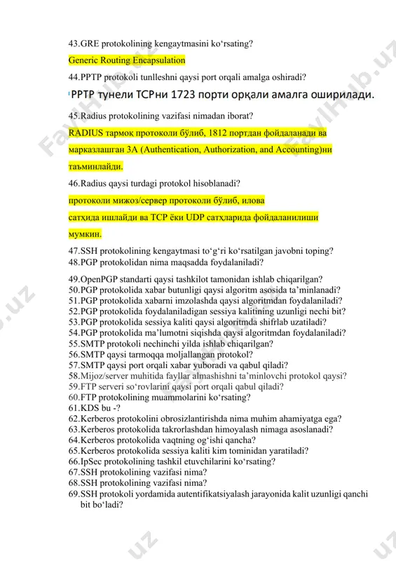 ilgan? 74. tls protokoli tarkibida foydalanilgan alert protokolida necha xil ogohlantiruvchi signallar mavjud? 75. kriptografik protokollarda ishtirokchilar tomonidan qanday ammallar bajarilishi mumkin? 76. ssh protokoli yordamida autentifikatsiyalash jarayonida kalit uzunligi qanchi bit bo‘ladi? ушбу усул ssh тизимида кенг фойдаланиладиган аутентификациялаш усулларидан биридир. бунда калит узунлиги 1024 битдан 2048 бит оралиғида бўлади. 77. ipsec protokolining tashkil etuvchilarini ko‘rsating? 78. smtp qaysi port orqali xabar yuboradi va qabul qiladi? smtp (simple mail transfer protocol) xabar yuborish uchun asosan ikkita portdan foydalanadi: - **port 25:** bu eng ko'p ishlatiladigan smtp porti bo'lib, serverlar o'rtasida elektron pochta xabarlarini uzatishda ishlatiladi. biroq, spamni kamaytirish maqsadida ko'plab internet xizmat ko'rsatuvchilar (isp) va korporativ tarmoqlar bu port orqali keluvchi va ketuvchi trafikni cheklashadi. - **port 587:** bu endi ko'proq ishlatiladigan port bo'lib, foydalanuvchilar elektron pochta xabarlarini o'z smtp serveriga yuborishda ishlatiladi. bu port asosan, elektron pochta mijozlaridan serverga xabar yuborishda tls (transport layer security) orqali xavfsiz aloqa …