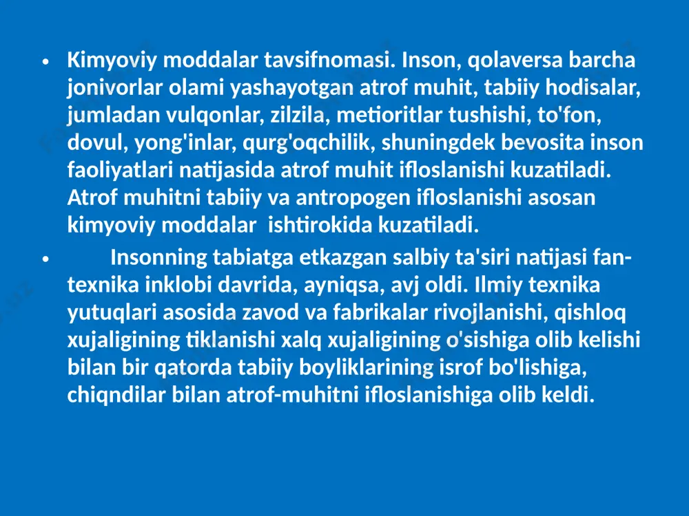 inson tabiatga nsbatan tajavuskorlik bilian munosobatda bo'lmoqda, buning natijasida eng avvalo tabiatga juda katta zarar etkazilmoqda bu esa tabiiy muvozanatga salbiy ta'sir ko'rsatib global ekologik muammolarni kelib chiqishiga olib kelmoqda, shu bilan birga inson salomatlagiga zarar etkazmoqda. har yili sayyoramiz bo'yicha 2.9 mlrd tonna har-xil mahsulotlar ishlab chiqiladi, 130 mlrd tonna ruda qazib olinadi bu degani har bir tonna mahsulot ishlab chiqishimiz uchun 25-60 tonnagacha tabiatga chiqindilar tashlamiz. agar quruqlikni 9-12%ni qishloq xujaligi erlari, 22-25%ni yaylovlar, 2-3%ni yul,o'y-joy, korxonalar va 1%ni kon-qazilma boyliklari maydoniga tug'ri kelishini etiborga olsak, unda har bir kvadrat kilometrga 17-24 tonna chiqinli tug'ri keladi. hozirgi kunga qelib har yili 68 mln t. rux, 4 mln t. qurg'oshin, kadmiy 20-22 ming t., nikel 50 ming t., ftor 4 ming t., fosfor (r2o5) 35 mln t., smob 15-48 ming t., pestisidlar 3.2 mln t., polixlorbifenil 500 ming t., benzopiren 8 ming t., ftor uglevodorodlari 710 ming t., mis: …