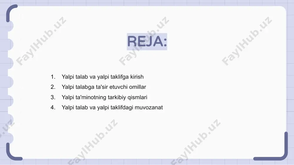 lash uchun birlashadi. turli bozorlardagi taklifning xatti-harakati iqtisodiyotda etkazib beriladigan tovarlar va xizmatlar miqdorini belgilaydi. birinchi komponent, ya'ni mehnat, ish uchun mavjud bo'lgan odamlar soni va ular ega bo'lgan ko'nikmalarni anglatadi. ishchi kuchining o'sishi va ishchilar samaradorligining oshishi bilan iqtisodiyotning yalpi taklifi ortadi. aksincha, qisqarishi yoki kam malakali ishchi kuchi umumiy taklifni kamaytirishi mumkin. ikkinchi komponent, kapital, tovarlar va xizmatlar ishlab chiqarish uchun mavjud bo'lgan jismoniy aktivlarni ifodalaydi. bunga mashinalar, uskunalar va infratuzilma kiradi. texnologik yutuqlar va kapitalga investitsiyalar yalpi taklifning ko'payishiga olib kelishi mumkin, qarish yoki infratuzilmaning etarli emasligi esa bunga to'sqinlik qilishi mumkin. yalpi talab va yalpi taklifdagi muvozanat yalpi talab va yalpi taklif tushunchasi iqtisodiyotdagi muvozanatni tushunishda hal qiluvchi ahamiyatga ega. yalpi talab deganda ma'lum narx darajasida iqtisodiyotdagi tovarlar va xizmatlarga bo'lgan umumiy talab tushuniladi. yalpi taklif esa ma’lum narx darajasida iqtisodiyotdagi tovar va xizmatlarning umumiy taklifini ifodalaydi. yalpi talab va yalpi taklifga ta’sir etuvchi makroiqtisodiy siyosat …