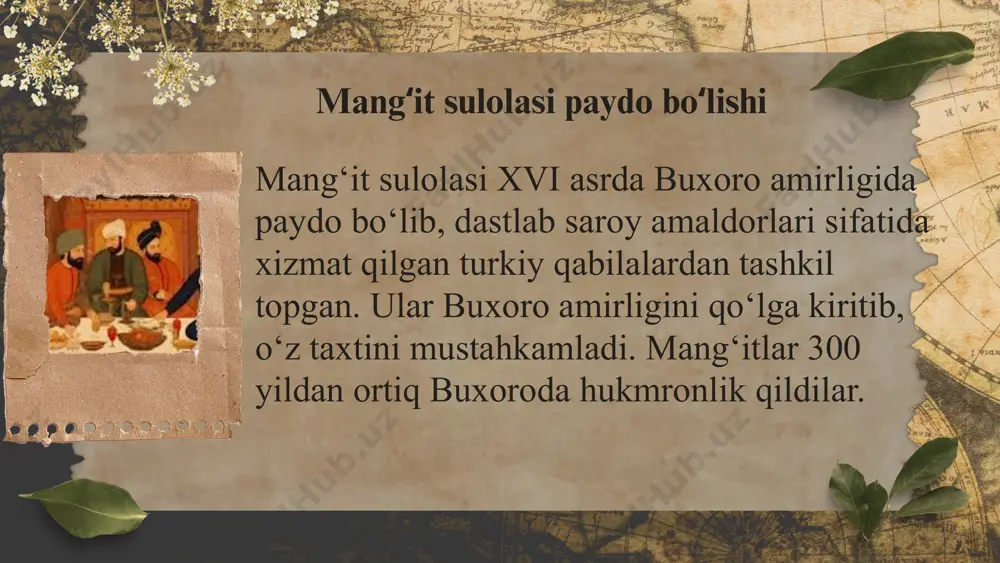 chiqishga sabab bo‘ldi. bu, o'z navbatida, davlatning boshqaruvi va barqarorligini zaiflashtirdi. xulosa mang‘itlar sulolasi 14-asrning oxirlarida tashkil topgan va 18-asrning boshlariga kelib, o‘rta osiyo hududida muhim siyosiy kuchga aylangan. ularning boshqaruvi davomida davlat iqtisodiy va madaniy jihatdan o'sdi, ammo ichki nizolar, tashqi tahdidlar va siyosiy zaiflashuv natijasida sulola asta-sekin zaiflashib, 18-asrda qulab tushdi. mang‘itlar sulolasining qulashiga ichki qarama-qarshiliklar, tashqi bosqinlar va iqtisodiy inqirozlar sabab bo‘ldi. bu davr o‘rta osiyoda yangi siyosiy tuzumlar va hokimiyatlarni shakllantirdi. foydalanilgan adabiyotlar shamsiddin ziya – o‘rta osiyo tarixi ahmad donish – maqolot m. t. g‘ofurov – o‘rta osiyo davlatlari tarixi s. javlonov – o‘rta osiyo tarixiy geografiyasi image1.jpeg image2.png image3.png image4.png image5.png image6.png image7.png image8.png image9.png image10.jpeg image11.jpeg image12.jpeg image13.png image14.png image15.png /docprops/thumbnail.jpeg