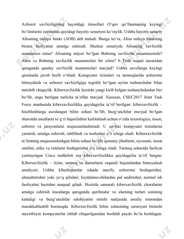ajriba orttiring. doimiy o'qish: kiberxavfsizlik tez o'zgaruvchan soha bo'lganligi sababli doimo yangiliklardan xabardor bo'lish zarur. tarmoq qurish: professional konferentsiyalar, seminarlar va onlayn forumlarda ishtirok eting, bu sizga boshqa mutaxassislar bilan aloqa o'rnatishga yordam beradi.1.1-rasm. 2. kiberjinoyatchilikka qarshi kiberxavfsizlik kiberjinoyatchilikka qarshi kiberxavfsizlik — bu raqamli infratuzilmani, ma’lumotlarni va tizimlarni himoya qilish uchun qaratilgan strategiyalar, texnologiyalar va jarayonlar to‘plamidir. kiberjinoyatchilik — bu internet orqali amalga oshiriladigan jinoyatlar, masalan, ma'lumotlarni o'g'irlash, xakerlik, phishing hujumlari va boshqa noqonuniy harakatlar. kiberxavfsizlikning asosiy maqsadlari quyidagilardir: 1. ma'lumotlarni himoya qilish: shaxsiy va tashkilotlarga tegishli ma'lumotlar xavfsizligini ta'minlash. 2. tizimlar xavfsizligi: kompyuter tizimlarini va tarmoqlarini kiberhujumlardan himoya qilish. 3. xavf-xatarlarni baholash: kiberhujumlar ehtimolini kamaytirish uchun xavf-xatarlarni aniqlash va baholash. 4. o'qitish va tayyorgarlik: foydalanuvchilarni kiberxavfsizlik bo'yicha o'qitish va xabardorlikni oshirish. 5. jinoiy faoliyatga qarshi kurash: kiberjinoyatchilikka qarshi qonuniy choralarni ko'rish. kiberxavfsizlik bo'yicha samarali choralar ko'rish uchun quyidagi yo'llarni ko'rib chiqish mumkin: - antivirus dasturlari: kompyuter tizimlarini zararli dasturlardan …