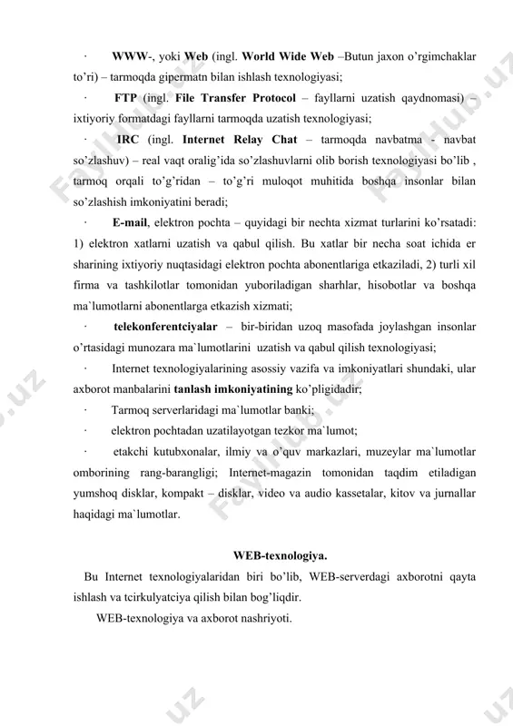 iste`molchilarga axborot xizmati ko’rsatishning aniq kontceptciyasini taklif qiladi. bir so’z bilan uni axborot nashriyoti kontceptciyasi deb aytish mumkin. uni quyidagi hususiyatlari bilan ajratish mumkin: - axborot iste`molchiga nashriy ko’rinishda taklif qilinadi. - nashr turli tabiatli va geografik joylashuvli axborot manbalarini birlashtirishi mumkin. - axborot manbalaridagi o’zgarishlar publikatciyada shu ondayoq o’z aksini topadi. - publikatciyalarda joylashuvidan kat`iy nazar boshqa publikatciyalarga murojaatlar saqlanishi mumkin. ( gipermatnli murojaatlar) - publikatciyalarning iste`mol sifati zamonaviy multimedia standartlariga mos keladi.( animatciya, video, tovush, grafika,matn bilan ishlash mumkin) publikatciyalarga misol qilib , oddiy gazetani keltirish mumkin. quyida gazetaning yangiliklarni uzatish vositasi sifatidagi ba`zi bir hususiyatlari: - nashriyotchi gazetani kim o’qishini bilmaydi. - gazetadagi axborotlar doimiy ravishda (xar kuni, xaftada bir) yangilanadi, ya`ni gazetada yangi axborotlar nashr qilinadi . - hamma gazetxonlar bir xil axborot olishadi. - gazeta o’quvchiga talab asosida etkaziladi(bir martada- gazetani kioskadan olganda, uzoq muddatli-biror bir vaqt oralig’ida obuna bo’lganda). - gazetada turli xil elementlar …