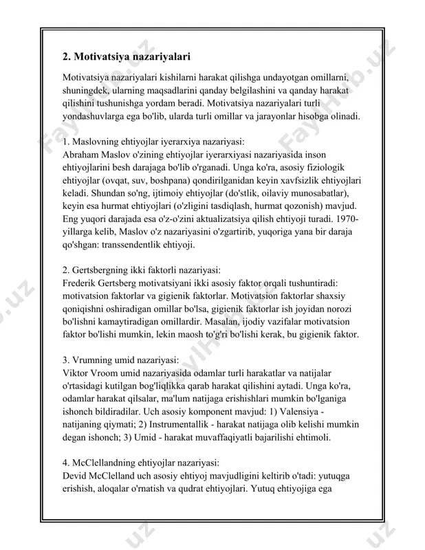 bo'yicha statistikalar: 1. **ishchi motivatsiyasi**: gallup'inning 2019 yildagi ishchilar motivatsiyasi bo‘yicha o‘tkazgan tadqiqotiga ko‘ra, amerikalik ishchilarning faqat 34% faol ravishda ishga kirishganligi aniqlangan, ya'ni faqat ularning uchdan bir qismi jismonan va aqliy jihatdan o'z ishlariga sodiqdir. 2. **motivatsiyaning samara berishi**: mckinsey & company tahlillariga ko‘ra, yaxshi motivatsiyalangan ishchi kuchi kompaniyaning ishlab chiqarish hajmini 44% gacha oshirishi mumkin. bu raqam motivatsiyaning qanchalik kuchli ta'sirga ega ekanligini ko'rsatadi. rahbarlik va motivatsiya o‘rtasidagi bog‘liqlik: - **demografik omillar**: korn ferry tomonidan o‘tkazilgan tadqiqotda aytilishicha, rahbarlik rolida ayol kishilar rahbarlaridan bo'lgan xodimlarning 66% motivatsiyalanganligini his qilishadi, erkak rahbarlarda esa bu ko'rsatkich 58% ni tashkil qiladi. - **rahbarning hissiy aql darajasi**: daniel goleman tadqiqotlari shuni ko'rsatdiki, rahbarning ehtiyojlarni tushunish va boshqarish qobiliyatlari, ularning hissiy aql ko'nikmalariga bog'liq ravishda, xodimlar motivatsiyasiga ijobiy ta'sir qilishi mumkin. rahbarlik uslublari va ularning motivatsiyaga ta'siri: 1. **demokratik rahbarlik**: tadqiqotlar shuni ko'rsatadiki, bu uslublar xodimlar motivatsiyasini 10-15% oshiradi. 2. **avtokratik rahbarlik**: bu …