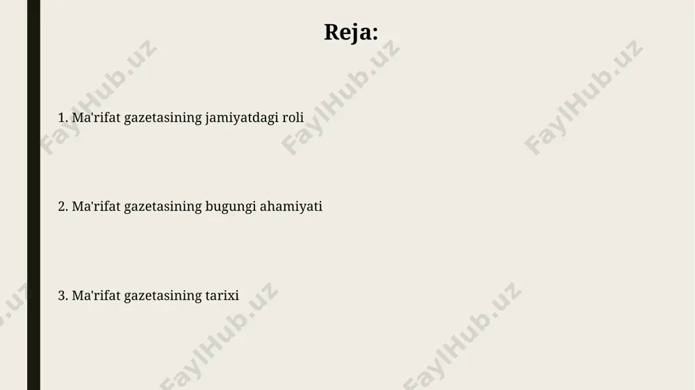 hlari haqida 200 dan ziyod xabar va maqola nashr etgan, jumladan, qoraqalpog'iston respublikasidan ham materiallar kelgan. ma'rifat gazetasining zamonaviy ahamiyati ma'rifat gazetasi 2023 yilda o'zbekistonning 12 ta viloyatida 500 000 dan ortiq o'qituvchilar va talabalarga ta'lim sohasidagi yangiliklarni yetkazib beradi, shu bilan ta'lim sifatini oshirishga hissa qo'shadi. gazetaning onlayn versiyasi orqali 200 000 dan ziyod toshkent shahridagi o'quvchilar va ularning ota-onalari zamonaviy pedagogik texnologiyalar, innovatsion usullar va xalqaro tajribalar haqida ma'lumot olishadi. e'tiboringiz uchun rahmat @taqdimot_robot image1.jpg image2.jpg image3.jpg image4.jpg image5.jpg