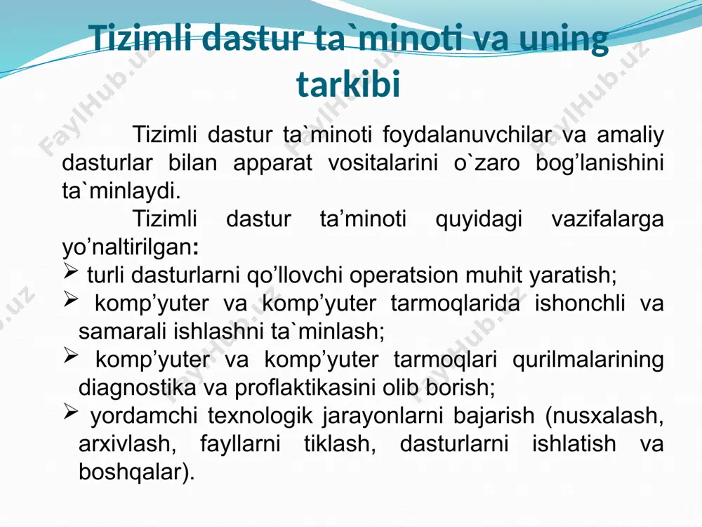 ot (aplication program package) – bu aniq bir predmet sohasi bo`yicha ma`lum bir masalalar sinfini echishga mo`ljallangan dasturlar majmuasidir. kompyuterning dasturiy ta`minoti orasida eng ko`p qo`llaniladigani amaliy dasturiy ta`minot (adt) hisoblanadi. bunga asosiy sabab, kompyuterlardan inson faoliyatining barcha sohalarida keng foydalanishidir. amaliy dastur ta`minoti umumiy maqsadli dasturlar maxsus yo`naltirilgan dasturlar professional darajadagi dasturlar mualliflik dasturlari ekspert tizimlar gippermatnli tizimlar multimediyali dasturlar matn muharrirlari jadval muharrirlari grafik muharrirlar animatsion grafika ma'lumotlarni boshqarish tizimlari integrallashgan paketlar kommunikatsion dasturlar tor doiradagi dasturlar avtomatlashtirilgan boshqarish tizimlari avtomatlashtiilgan loyihalash tizimlari o'rgatuvchi dasturlar geo-axborotli tizimlar dasturlash tizimlari kompyuter dasturiy ta`minotini yaratuvchi maxsus dasturlash tizimlari ham mavjud va uni asosan mutaxassislar ishlatishadi. ular uskunaviy dasturiy ta`minot yoki dasturlash tizimlari deb ataladi. dasturlash tizimlari – amaliy va tizimli dastur ta`minotidan farqli ravishda yaratilayotgan dastur mahsulotini ishlab chiqish, tuzatish va joriy qilish texnologiyalarini ta`minlaydigan dasturlar majmuasidir. ular yangi dasturlarni ishlab chiqish jarayonida qo`llaniladigan maxsus dasturlar majmuasidan iborat vositalardir. bu …