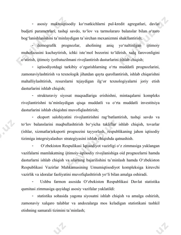ini, iqtisodiy-statistik klassifikatorlar tizimini yuritish. o‘zbekistonda iqtisodiyot va statistika bo‘yicha faoliyat ko‘rsatayotgan bo‘linmalar negizida quyidagilar tashkil qilindi: qoraqalpog‘iston respublikasida – iqtisodiyot vazirligi va statistika boshqarmasi; toshkent shahrida va respublika viloyatlarida – iqtisodiyot bosh boshqarmalari va statistika boshqarmalari; respublika shahar va tumanlarida – iqtisodiyot bo‘limlari va statsitika bo‘limlari. quyidagilar asosiy vazifa qilib belgilangan: iqtisodiyot hududiy organlari o‘zbekiston respublikasi iqtisodiyot vazirligiga hamda qoraqalpog‘iston respublikasi vazirlar kengashi, viloyat, shahar, tuman hokimliklariga; statsitika hududiy organlari o‘zbekiston respublikasi davlat statistika qo‘mitasiga qarashlidir. ishlab chiqarilgan va sotilgan mahsulot (ishlar, xizmatlar) hajmlarining sun’iy ravishda kamaytirilishiga, korxonalar faoliyatiga noxolis baho berilishiga, pul mablag‘larining bankdan tashqari noquniy aylanishiga olib keladigan noto‘g‘ri statistik hisobotni taqdim etishda, statistika ma’lumotlarini yashirishda aybdor bo‘lgan mansabdor shaxslar qonunga muvofiq qattiq javobgarlikka, hatto jinoiy javobgarlikka ham tortiladilar. farmonda ko‘rsatilgandek, o‘zbekiston respublikasi adliya vazirligi o‘zbekiston respublikasi davlat statistika qo‘mitasi, bosh prokuraturasi hamda boshqa manfaatdor idoralar bilan birgalikda bir oy muddatda «jinoyat kodeksi» ga va «ma’muriy javobgarlik …