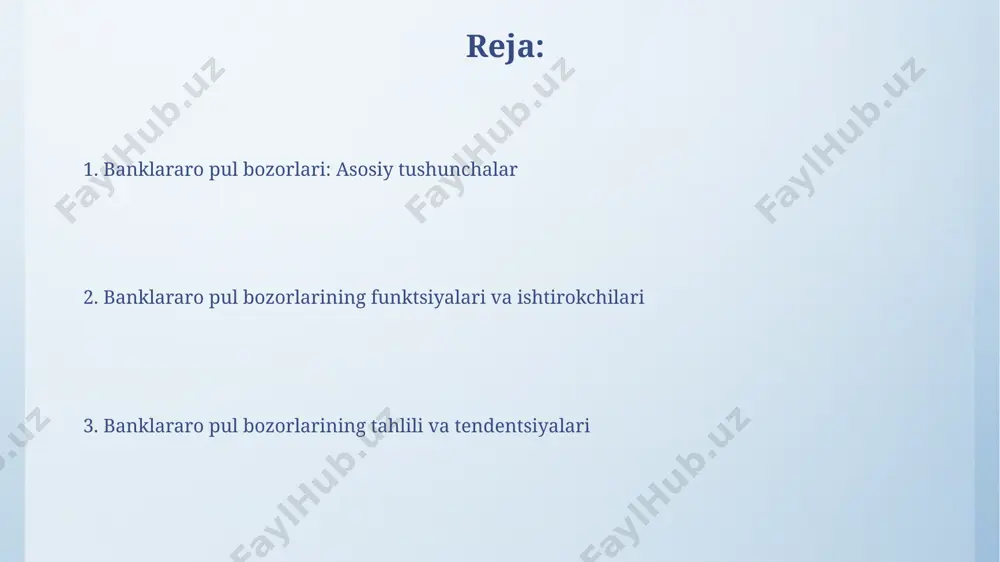 rmoqda, kriptovalyuta bilan bog'liq risklarni kamaytirish uchun 2024 yilda markaziy bank raqamli valyutalari (cbdc) ustida faol ishlar olib borilmoqda. blokcheyn texnologiyasi xavfsizlikni oshirish, operatsiyalarni soddalashtirish va 2025 yilgacha banklararo bozorda shaffoflikni ta'minlash uchun turli pilot loyihalarda sinovdan o'tkazilmoqda. banklararo pul bozorlari nima? banklararo bozorda operatsiyalar odatda bir necha kundan bir necha haftagacha bo'lgan muddatga amalga oshiriladi, bu esa tezkor likvidlikni boshqarish imkonini beradi. banklararo pul bozorlari tijorat banklarining qisqa muddatli likvidlik ehtiyojlarini qondirish uchun bir-biriga resurslarni foiz stavkalari asosida qarz beradigan joydir. banklararo pul bozorlarining funktsiyalari bu bozorlar foiz stavkalarini barqarorlashtiradi; ortiqcha zaxiralari bo'lgan banklar mablag'larni kam zaxiraga ega bo'lganlarga berish orqali stavkalarning keskin o'zgarishini oldini oladi. banklararo bozorlar pul-kredit siyosatini amalga oshirishda muhim rol o'ynaydi; markaziy banklar bu bozorlarda 1 kundan 1 yilgacha bo'lgan operatsiyalar orqali iqtisodiyotga ta'sir o'tkazadi. asosiy ishtirokchilar davlat g'aznachiliklari pul oqimini boshqaradi, qisqa muddatli qarzlar chiqaradi va banklararo bozorga ortiqcha likvidlik kiritishi yoki undan olib …