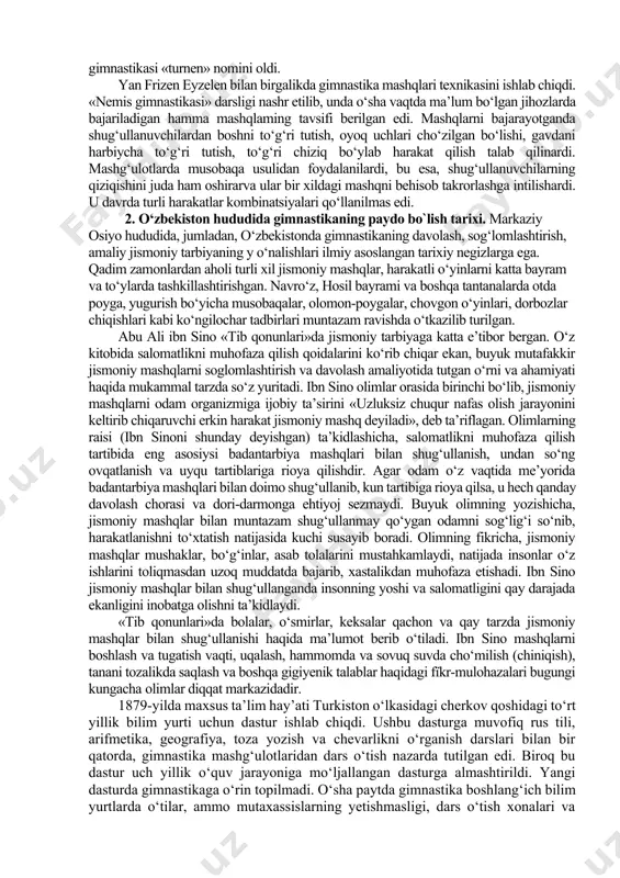 di. albatta, bu bilan u bо‘g‘in mashqlarining ahamiyatiga haddan tashqari yuqori baho berib yuborgan edi, shunga qaramay u ishlab chiqqan uslub о‘sha zamon gimnastikasi uchun muhim ahamiyat kasb etgan va keng qо‘llanilgan. nemis olimi tust-muts kо‘pgina gimnastika mashqlarining, jumladan gimnastika jihozlarida bajariladigan mashqlarning texnikasini ishlab chiqdi. bu mashqlarda harakat formasiga katta ahamiyat beriladi. uning qancha mamlakatlarda, jumladan, rossiyada ham keng tarqalib, gimnastika taraqqiyotiga yordam berdi. unda turnik bruslar, yakka chо‘pda bajariladigan oddiy mashqlar tasvirlangan edi. kitobda mashg‘ulotlar vaqtida о‘quvchilarning о‘zaro musobaqalashuvi, harakatlar ijrosi aniq bо‘lishiga qoyiladigan talablar ishlab chiqilgan edi. xix asrning birinchi yarmiga kelib, gimnastika taraqqiyotida uch yо‘nalish kо‘zga tashiana boshladi: • gigiyenik yо‘nalish (gimnastika odamning salomatligini mustahkamlash va jisrnoniy kuchini rivojlantirish vositasi hisoblanardi); • atletik yо‘nalish (gimnastika murakkab mashqlarni, shu jumladan, gimnastika jihozlarida bajariladigan mashqlarni qо‘llash yо‘li bilan insonning harakat sifatini rivojlantirish vositasi, deb hisoblanardi); • amaliy yо‘nalish (gimnastika urushda uchraydigan turli tо‘siqlardan oshib о‘tishni askarlarga о‘rgatish vositasi …