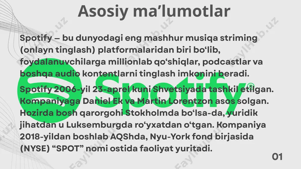 bo‘lishish imkoniga ega bo‘lishdi. 05 2013–2017: kompaniya mobil qurilmalarda ishlash imkoniyatini yaxshiladi va “spotify running” kabi innovatsion xizmatlarni ishga tushirdi. 2016-yildan boshlab platformaga podcastlar ham qo‘shildi. 2018: spotify o‘z aksiyalarini birjada joylashtirdi va fond bozoriga chiqqan birinchi yirik striming kompaniyalaridan biriga aylandi. 2019–2023: spotify podcast sohasiga katta sarmoya kiritdi. gimlet media, anchor va megaphone kabi kompaniyalarni sotib oldi. shuningdek, mashhur "joe rogan experience" podkastini eksklyuziv ravishda spotify’da tinglash mumkin bo‘ldi. 2023-yilda kompaniya sun’iy intellekt yordamida shaxsiy dj funksiyasini ishga tushirdi. 2024–2025: spotify foyda olish sari siljimoqda. daromadlarni reklama, podcastlar va obuna asosidagi xizmatlar orqali diversifikatsiya qilmoqda. kompaniya musiqadan tashqari audio kitoblar va yangi formatlarga ham e’tibor qaratmoqda. 06 ✅ s – strengths (kuchli tomonlar) katta foydalanuvchi bazasi spotify butun dunyo bo‘ylab 600+ million foydalanuvchiga ega. bu — bozor yetakchiligi va brend kuchining dalili. kuchli algoritm va sun’iy intellekt spotify’ning tavsiya tizimi (discover weekly, ai dj) orqali har bir foydalanuvchiga mos …