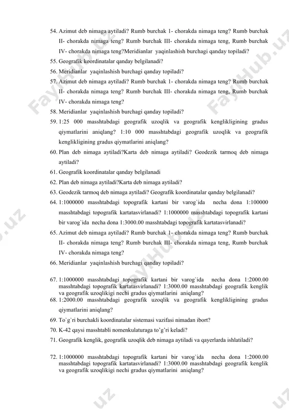 i tоpоgrаfik kаrtаni bir vаrоg`idа nеchа dоnа 1:100000 mаsshtаbdаgi tоpоgrаfik kаrtаtаsvirlаnаdi? 1:1000000 mаsshtаbdаgi tоpоgrаfik kаrtаni bir vаrоg`idа nеchа dоnа 1:3000.00 mаsshtаbdаgi tоpоgrаfik kаrtаtаsvirlаnаdi? 54. azimut deb nimaga aytiladi? rumb burchak 1- chorakda nimaga teng? rumb burchak ii- chorakda nimaga teng? rumb burchak iii- chorakda nimaga teng, rumb burchak iv- chorakda nimaga teng?meridianlar yaqinlashish burchagi qanday topiladi? 55. geografik koordinatalar qanday belgilanadi? 56. meridianlar yaqinlashish burchagi qanday topiladi? 57. azimut deb nimaga aytiladi? rumb burchak 1- chorakda nimaga teng? rumb burchak ii- chorakda nimaga teng? rumb burchak iii- chorakda nimaga teng, rumb burchak iv- chorakda nimaga teng? 58. meridianlar yaqinlashish burchagi qanday topiladi? 59. 1:25 000 masshtabdagi geografik uzoqlik va geografik kenglikligining gradus qiymatlarini aniqlang? 1:10 000 masshtabdagi geografik uzoqlik va geografik kenglikligining gradus qiymatlarini aniqlang? 60. plan deb nimaga aytiladi?karta deb nimaga aytiladi? geodezik tarmoq deb nimaga aytiladi? 61. geografik koordinatalar qanday belgilanadi 62. plan deb nimaga aytiladi?karta deb nimaga …