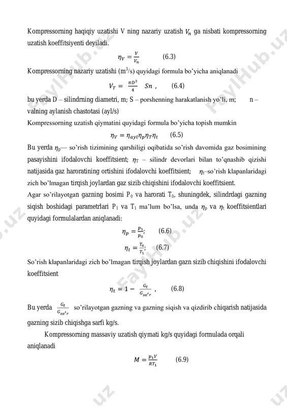 .i.k. kompressorning samarali f.i.k. (6.15) bu yerda iz va ad mos ravishda kompressorning indikatorli izotermik va adiabatik f.i.k. m — kompressorning mexanik f.i.k. ( m=0,85…0.95). porshenli kompressorning ichki yoki indikatorli quvvati (kvt) (6.16) bu yerda pi-o’rtacha indikator bosimi, pa; vh - silindirni ishchi hajmi, m 3 ; n- valning aylanish chastotasi ayl /s kompressorning samarali quvvati (6.17) ko’p pog’onali kompressorning har bir pog’onasida bosim ortishi darajasini formula orqali topish mumkin (6.18) bu yerda z - kompressorning pog’onalari soni; pz - oxirgi pog’onada gazning chiqishdagi bosimi, pa; = 1,1……1,15 - pog’onalar orasidagi bosimning yo’qotilishini ifodalovchi koeffitsient. kompressorlarning parametrlari: q-unumdorlik, p1 va p2 – boshlang’ich va oxirgi bosimlar. ε = p2 / p1 - bosim oshirish darajasi; n-valning aylanish chastotasi va n kompressor valining quvvati. 6.3 – rasm. porshenli kompressorning konstruktiv sxemasi porshenli kompressorda, (6.3- rasm) porshenning ilgarilanma – qaytma harakati natijasida tortish, siqilish, haydab chiqarish fazalari vujudga keladi. bunday kompressorda porshen …