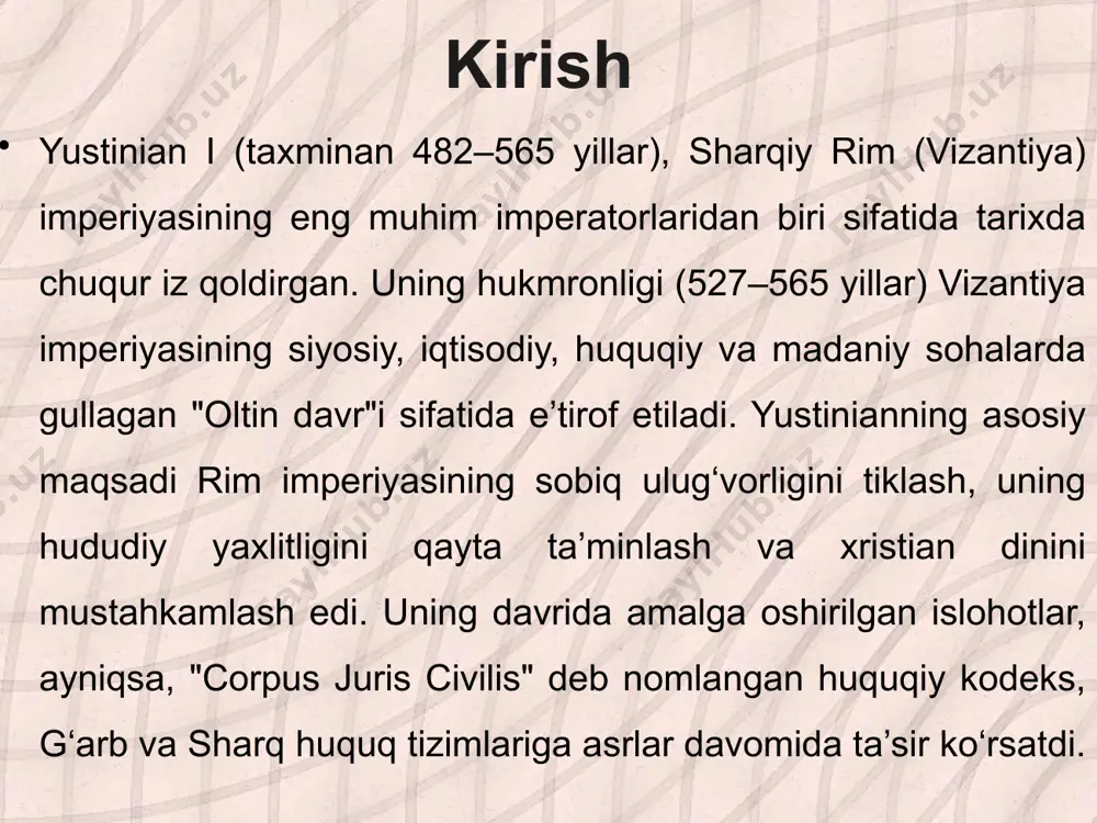 diniy siyosat va cherkov bilan munosabatlar yustinian davrida diniy siyosat imperiyaning ichki va tashqi barqarorligida muhim rol oʻynadi. uning maqsadi nafaqat siyosiy birlashish, balki diniy yaxlitlikni taʼminlash edi. vizantiya imperiyasi koʻp millatli va koʻp dinli boʻlib, turli diniy aqidalar oʻrtasidagi ziddiyatlar ichki barqarorlikka tahdid solardi. yustinian pravoslav xristianlikni imperiyaning asosiy dini sifatida mustahkamlashga intildi va bu yoʻlda aranizm, monofizitlik va boshqa bidʼatlarga qarshi qatʼiy choralar koʻrdi.aranizm, xristianlikning dastlabki shakllaridan biri boʻlib, ayniqsa ostgotlar va vandal qabilalari orasida keng tarqalgan edi. soliq tizimi va iqtisodiy siyosat davlatning iqtisodiy barqarorligi va rivojlanishi ko‘p jihatdan samarali soliq tizimi va oqilona iqtisodiy siyosatga bog‘liq. soliq tizimi iqtisodiyotning turli sohalari, jumladan, savdo, sanoat va xizmatlar sohasiga bevosita ta’sir ko‘rsatadi. u nafaqat davlat byudjetini shakllantirish vositasi, balki iqtisodiy faoliyatni tartibga solish, ijtimoiy tenglikni ta’minlash va investitsiyalarni rag‘batlantirishning muhim mexanizmidir. o‘zbekiston tarixida soliq tizimining shakllanishi va rivojlanishi davlat boshqaruvi va iqtisodiy munosabatlarning o‘ziga xos xususiyatlariga bog‘liq bo‘lgan. …