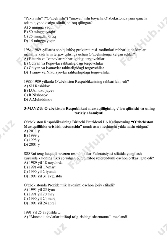 avgustda o’zbekistonda prezidentlik lavozimi qachon joriy etiladi? a) 1991 yil 25 iyun b) 1991 yil 20 may c) 1990 yil 24 mart d) 1991 yil 24 aprel 1991 yil 25 avgustda … a) “mustaqil davlatlar ittifoqi to‘g‘risidagi shartnoma” imzolandi b) o‘zbekiston prezidentining maxsus farmoniga binoan respublika ichki ishlar vazirligi va davlat xavfsizlik qo‘mitasi o‘zbekiston ssrning qonuniy tasarrufiga olindi c) toshkentda o’zbekiston ssr oliy kengashi rayosati va o’zbekiston prezidenti huzuridagi vazirlar mahkamasining qoraqalpog‘iston, viloyatlar va toshkent shahar rahbarlari ishtirokidagi qo‘shma majlisi bo‘lib o‘tdi d) “mamlakatdagi vaziyatni barqarorlashtirish va tanglikni bartaraf etishga doir kechiktirib bo’lmaydigan choralar to‘g‘risida qo‘shma bayonot“ (“9+1”) imzolandi. o’zbekiston respublikasining mustaqillik deklaratsiyasi necha moddadan iborat? a) 128 modda b) 12 modda c) 17 modda d) 36 modda o’zbekiston respublikasining hududi qancha? a) 460,4 ming km. kv. b) 346,6 ming km. kv. c) 576,7 ming km. kv. d) 448,4 ming km.kv. 1991 yil 18-19 avgust kunlari o’zbekiston respublikasining prezidenti i.karimov …