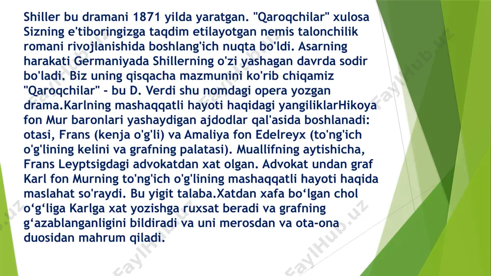 karl deb biladi. uni tarbiyalagan keksa xizmatkorga yolg‘on gapira olmaydi. ammo endi karl qal'ani butunlay tark etishi kerak. ketishdan oldin u amaliyani ko'rishga qaror qiladi. qizning unga nisbatan his-tuyg'ulari bor, masalan, ilgari u bilan faqat karl fon mur bilan bog'langan. biroq amaliya uni tanimaydi, mehmon esa sevgilisi bilan xayrlashadi. frantsning pastor bilan suhbati, frantsning o'limixulosa qanday davom etishi qiziqmi? "qaroqchilar" (schiller) bo'limlari bo'yicha biz faqat umumiy ma'noda tasvirlab berdik, ammo endi biz keyingi asosiy voqealarni tasvirlab beramiz.doniyor, keksa valet, tunda qal'a bilan xayrlashadi. u butun umri shu yerda yashagan. frants ichkariga kiradi, qo'lida sham. u xavotirda. frants oxirgi qiyomatni orzu qilgan. gunohlari uchun jahannamga yuborildi. frants danielni pastorni chaqirishni iltimos qiladi. u butun umri davomida o'zini ateist deb hisoblagan va hozir ham u kelgan ruhoniy bilan diniy mavzularda bahslashmoqda. biroq, bu safar u ruhning o'lmasligi haqidagi bahsga xuddi shunday osonlik bilan kula olmadi. frants ruhoniydan parritsid va birodar o'ldirish eng …