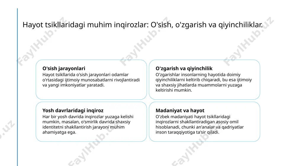 arishlar, mas'uliyatlarni taqsimlashda yangicha yondashuvlarni talab qiladi, bu esa ijtimoiy barqarorlik va taraqqiyotga yordam beradi. 3 madaniyat va mas'uliyat o'zbek madaniyatida oila va jamiyat o'rtasida mas'uliyatlar, an'analar va zamonaviy talablar o'rtasidagi muvozanatni saqlash muhimdir. madaniyat va inson taraqqiyotining o'zaro ta'siri: an'analar va zamonaviylik. madaniyat va taraqqiyot an'anaviy qadriyatlar zamonaviy o'zgarishlar madaniyat inson taraqqiyotining asosiy omillaridan biridir. an'analar va qadriyatlar, shuningdek, zamonaviylik, ijtimoiy o'zgarishlarga ta'sir qiladi. o'zbek madaniyatida an'anaviy qadriyatlar hayotning barcha jabhalariga ta'sir qiladi. ular oilaviy aloqalar va jamiyatda o'zaro hurmatni mustahkamlaydi. zamonaviylik, texnologik rivojlanish va globalizatsiya, an'anaviy qadriyatlarni o'zgartiradi. bu, yoshlar orasida yangi ijtimoiy va iqtisodiy imkoniyatlar yaratadi. hayot tsikllarida madaniy inqirozlar: tarixiy va zamonaviy misollar. 1 tarixiy inqirozlar o'zbek tarixida madaniy inqirozlar ko'plab misollarni o'z ichiga oladi, masalan, sovet davrida milliy an'analar va urf-odatlar taqiqlanishi. 2 zamonaviy qiyinchiliklar bugungi kunda globalizatsiya va madaniy almashinuv, o'zbek yoshlarining o'z milliy kimligini saqlab qolishida inqirozlarni keltirib chiqaradi. 3 oila va jamiyat …