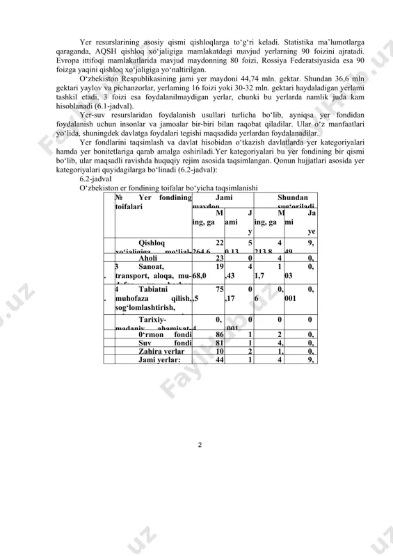 dengizlar va daryolar esa suv resurslari tarkibiga kiradi. har bir davlatning yer-suv resurslari tabiat va jamiyatda yashash manbaidir, shuningdek, yer va suv bir-birining mavjudhgini taqozo qiladi. yer resurslari ham boshqa resurslardek o‘z xususiyatlariga ega. birinchidan, yer - tabiat mabsuli, in'omi hisoblanib, u inson mehnati bilan yaratilmaydi. inson faqatgina yerga mehnatini yo‘naltirib, yo yeming ahvolini yaxshilaydi, yoki umuman yomon ahvolga solishi mumkin. lekin inson o‘z xohishi bilan yer resurslarini hosil qilohnaydi. ikkichnidan, yer chegaralangan tabiiy resursdir. inson xohlagancha yemi ko‘paytira yoki kamaytira olmaydi. shu sababli, bosh maqsad yerdan samarali va to‘g‘ri foydalanishdir. bir mamlakat miqyosida yer miqdori uning chegaralari bilan aniqlansa, umuman hududlar sifatida esa yer miqdori quruqlilc yuzasi bilan belgilanadi. yer resurslari jismoniy nuqtai nazardan murakkab majmua hisoblanadi. bu majmua turli omillar (kimyoviy, fizik, biologik) birlash- masi bilan xarakterlanadi. yer resurslari turli yer uchastkalaridan iborat bo‘lib, ular bir-biridan tuproq turlari, relyefi, miqdori va boshqa xarakteristikasi bilan farqlanadi. uchinchidan, yer abadiy …