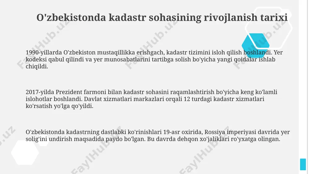 kadastri to'g'risida"gi qonunning qabul qilinishi sohada muhim qadam bo'ldi, bu qonun yer uchastkalarini ro'yxatga olish va ularga bo'lgan huquqlarni belgilashning huquqiy asoslarini yaratdi. o'zbekistonda yer kadastri tarixi 1990-yillarda mustaqillikdan so'ng boshlangan, bozor iqtisodiyotiga o'tish davrida yer munosabatlarini tartibga solish maqsadida tashkil etilgan. kadastrning paydo bo'lishi va dastlabki bosqichlari xiv-xv asrlarda amir temur davrida yerlarni hisobga olish va taqsimlash ishlari yanada takomillashdi. yer maydonlari "tanob" va "gaz" kabi o'lchov birliklarida aniqlangan, yer egaligi huquqlari esa maxsus hujjatlar bilan tasdiqlangan. xx asr boshlarida turkiston assrda kadastr ishlari yangi bosqichga ko'tarildi. 1920-yillarda yer islohotlari o'tkazilib, yerlarni hisobga olish va ro'yxatga olish tizimi joriy etildi, bu esa qishloq xo'jaligini rejalashtirish uchun muhim bo'lgan. kadastrning paydo bo'lishi va dastlabki bosqichlari mustaqillik yillarida kadastr islohotlari 2017-yilda o‘zbekiston respublikasi prezidentining farmoni bilan davlat kadastrlari palatasi tashkil etildi. bu kadastr xizmatlarini takomillashtirishda muhim qadam bo'ldi, 100 dan ortiq yangi ish o'rinlari yaratildi. mustaqillik yillarida kadastr islohotlari yer resurslarini …