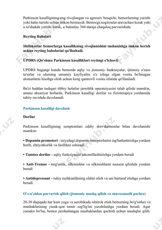 evt - kasallik tufayli kelib chiqqan nutq muammolarini davolash uchun bemor bilan ishlash. • pcp (boshlang'ich ta'minot ta'minotchisi) - kasalliklarni tashxis qiladi, oldini oladi va davolashadi. tez so'raladigan savollar parkinson kasalligi bemorni o'ldirishi mumkinmi? yo'q, parkinson kasalligi tufayli bemor o'lishi mumkin emas, u kasallik bilan o'lishi mumkin, ammo ular kasallik tufayli o'lishmaydi. parkinson kasalligini doimiy davolash uchun davo yo'q, ammo uning belgilari vaqt o'tishi bilan davolanishi mumkin, bu esa bemorga munosib hayot kechirishga imkon beradi. biroq, kasallikning semptomları, o'limga olib kelishi mumkin bo'lgan bir voqeaga olib kelishi mumkin. parkinson kasalligi bilan og'rigan bemor vaqt qancha turishi mumkin? tadqiqotlar shuni ko'rsatdiki, parkinson hayot davomiyligi darajasiga hech qanday ta'sir ko'rsatmaydi. aslida, bemorlarning aksariyati yuqishganidan keyin yigirma yildan ortiq yashaydi. parkinson kasalligi nima? parkinsonizm o‘zi qanday kasallik? nima uchun u “parkinson kasalligi” deb ataladi? – keling men sizga ushbu kasallikning tarixi haqida qisqacha so‘zlab beray. 1817 yili angliyalik vrach jeyms parkinson (1755-1824) “titroq …