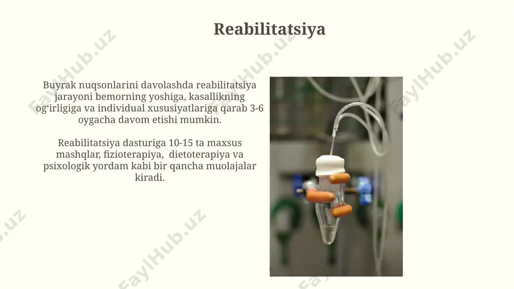 oʻynaydi, bu buyrak shikastlanish darajasini aniqlashga yordam beradi. buyrak gipoplaziyasi buyrak gipoplaziyasini davolash, buyrak funksiyasining yomonlashishiga bog'liq bo'lib, konservativ davolash va jarrohlik aralashuvi, masalan, nefrektomiya kabi usullarni o'z ichiga olishi mumkin. buyrak gipoplaziyasi tug'ma buyrak nuqsonlarining bir turi bo'lib, buyrak to'qimalarining rivojlanishining yetarli emasligi bilan tavsiflanadi va bu buyrak hajmining 2 standart deviatsiyadan kam bo'lishini anglatadi. buyrak transplantatsiyasi muvaffaqiyatli buyrak transplantatsiyasi natijasida bemorlarning 85% dan ortig'ida hayot sifati sezilarli darajada yaxshilanadi va buyrak yetishmovchiligining alomatlari yo'qoladi, diyalizga bo'lgan ehtiyoj esa bartaraf bo'ladi. donor buyrakni topish va mos kelish jarayoni 1-3 yilgacha davom etishi mumkin va transplantatsiya ro'yxatida kutish davri bemorning sog'lig'iga va to'g'ri mos keladigan donor topilish ehtimoliga bog'liq. konservativ davolash konservativ davolashda, diyetani tuz va fosfor miqdorini cheklash orqali buyraklarga yukni kamaytirish va 3-4 oy davomida muntazam ravishda qon tahlillarini o'tkazish muhim ahamiyatga ega. konservativ davolashda buyrak yetishmovchiligining 1-2-darajali shakllarida suyuqlik va tuz balansini nazorat qilish, qon bosimini 140/90 …