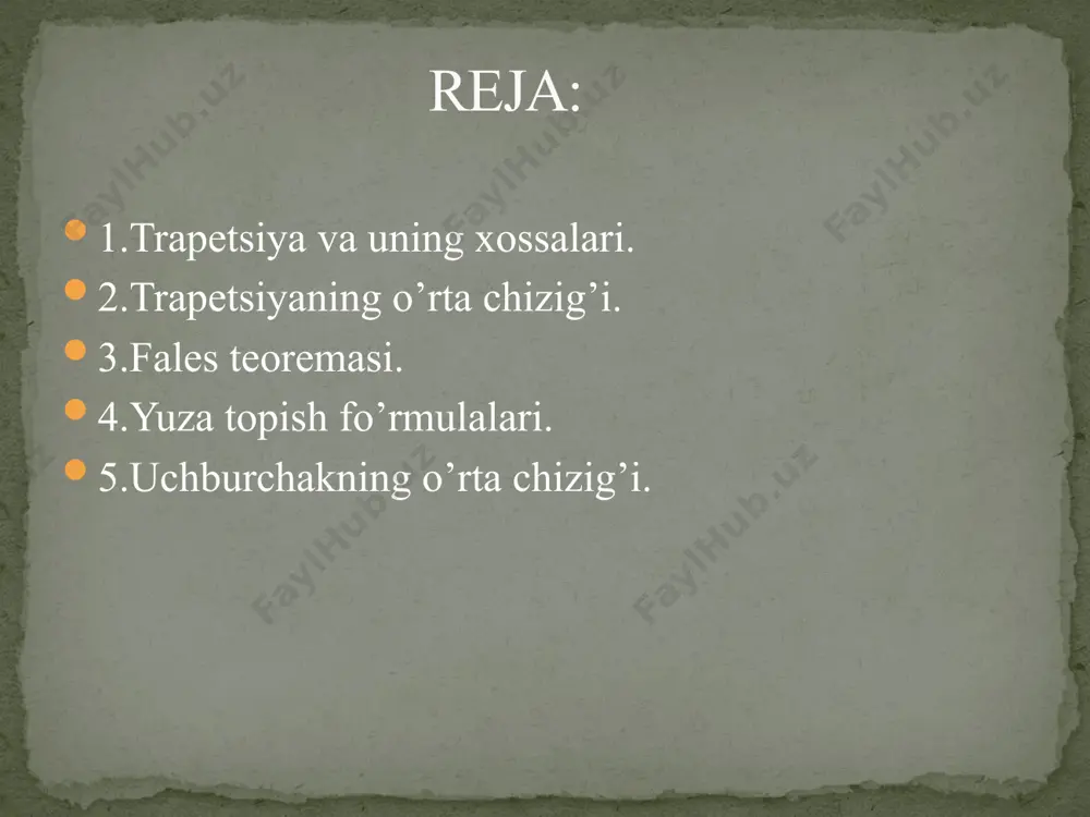 siga ko’ra ac kesmani uning o’rtsidan kesib o’tadi, ya’ni de o’rta chiziqni o’z ichiga oladi. demak, de o’rta chiziq ab tomonga parallel. endi df o’rta chiziqni o’tkazamiz. u ac tomonga parallel. aedf to’rtburchak parallelogramdir. uchburchakning o'rta chizig'i d parallelogramning xossasiga ko’ra ed=af fales teoremasiga ko’ra af=fb bo’lgani uchun esa ed=1/2ab. teorema isbotlandi. masala: tortburchak tomonlarining o’rtalari parallelogramning uchlari bo’lishini isbotlang. b с e с yechilishi: abcd –berilgan to’rtburchak va e, f, g, h –uning tomonlari o’rtalari bo’lsin. ef kesma abc uchburchakning o’rta chizig’i. shu sababli ef||ac. gh kesma adc uchburchakning o’rta chizig’i. shu sababli gh||ac. shunday qilib, ef||gh, ya’ni efgh to’rtburchakning qarama-qarshi ef va gh tomonlari parallel. ikkinchi juft qarama-qarshi tomonlarining parallelligi ham shunga o’xshash isbotlanadi. demak, efgh tortburchak parallelogramdir. 7-11- sinflar uchun geometriya a.r.pogorelov. akademik litseylar uchun geometriya ismoilov. www.ziyonet.uz www.google.uz foydalangan adabiyotlar etiboringiz uchun raxmat image3.png image4.png image5.png image6.png image7.png image8.png image9.png image10.png