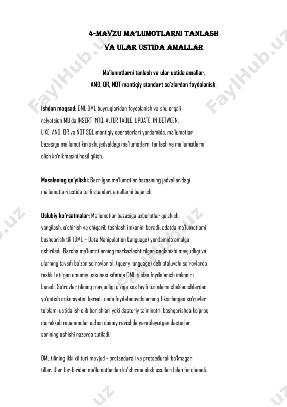 anga chiqarish komandasi. 1. select *from // jadvalni to’liq chiqarish select from // jadval ustunlarini chiqarish select * from xodim; 2. insert – sql da barcha satrlar ushbu buyruq yordamida kiritiladi. insert into values (‘ustun_info’, ‘ustun_info’, … ); insert into xodim (id, name, oylik) values (1, 'abdullaev', 100.00); 3. delete – satrlarni jadvaldan o‘chirish buyrug‘i. delete from where qidiruv_sharti; delete from xodim where id = 1; 4. update – maydon qiymatlarini o‘zgartirish buyrug‘i. update set column=expression; update set column=expression where qidiruv_sharti; update xodim set name = abdullaev, oylik = 200.00 where id = 1; and or not mantiqiy operatorlar and, or va not sql ning mantiqiy operatorlari bo'lib, ma'lumotlar bazasi jadvalidan ma'lumotlarni olish uchun uchun foydalaniladi. and operatori ikki yoki undan ortiq shartlarni birlashtirish uchun ishlatiladi, shunda ularning barchasi bajariladi. masalan: select * from tovar where narxi > 100 and miqdori 100 or miqdori 100; ushbu misolda "narx" ustunining qiymati …